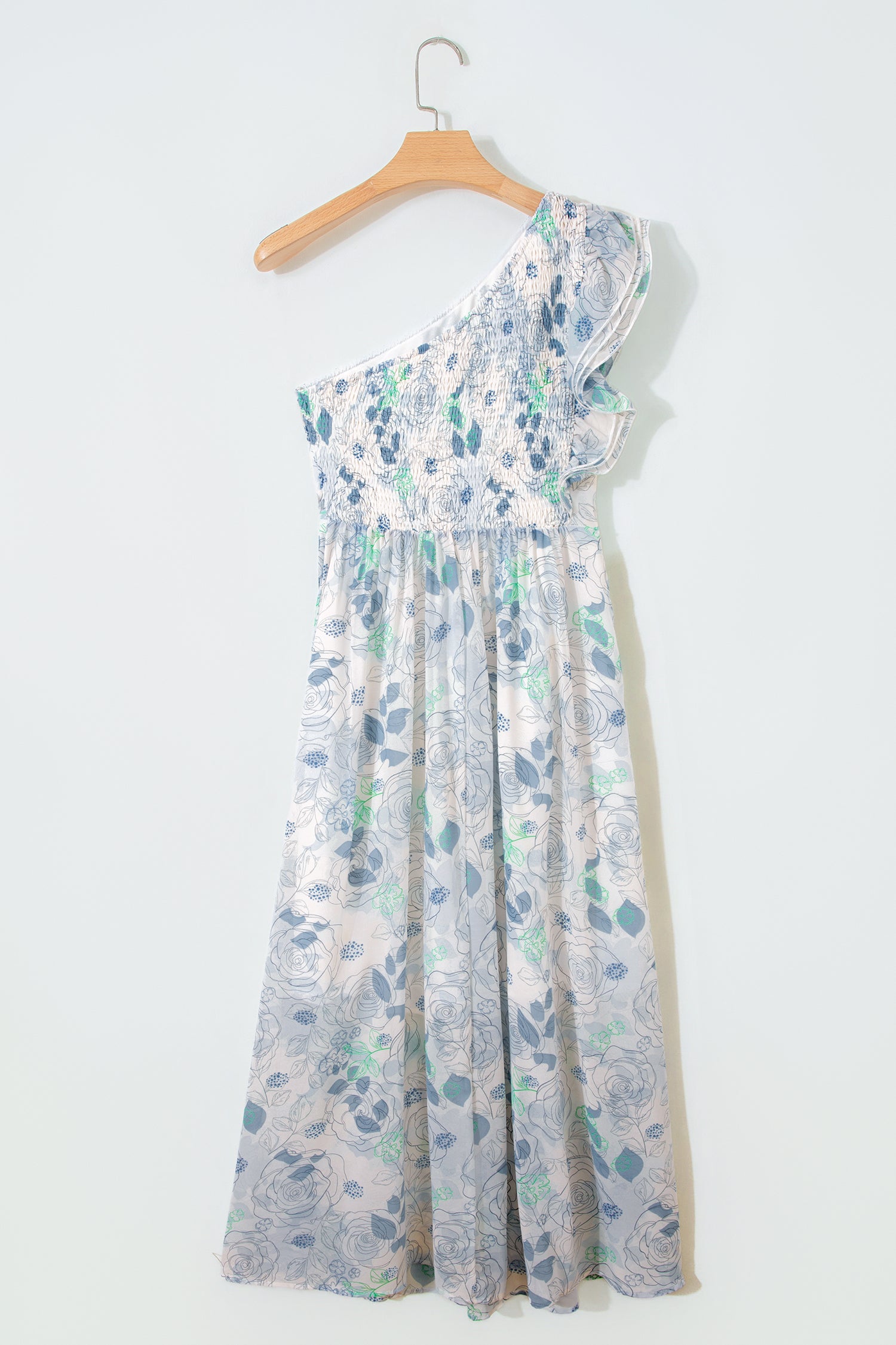 Sky Blue Floral Print Ruffled One Shoulder Vacation Maxi Dress-TOPS / DRESSES-[Adult]-[Female]-2022 Online Blue Zone Planet