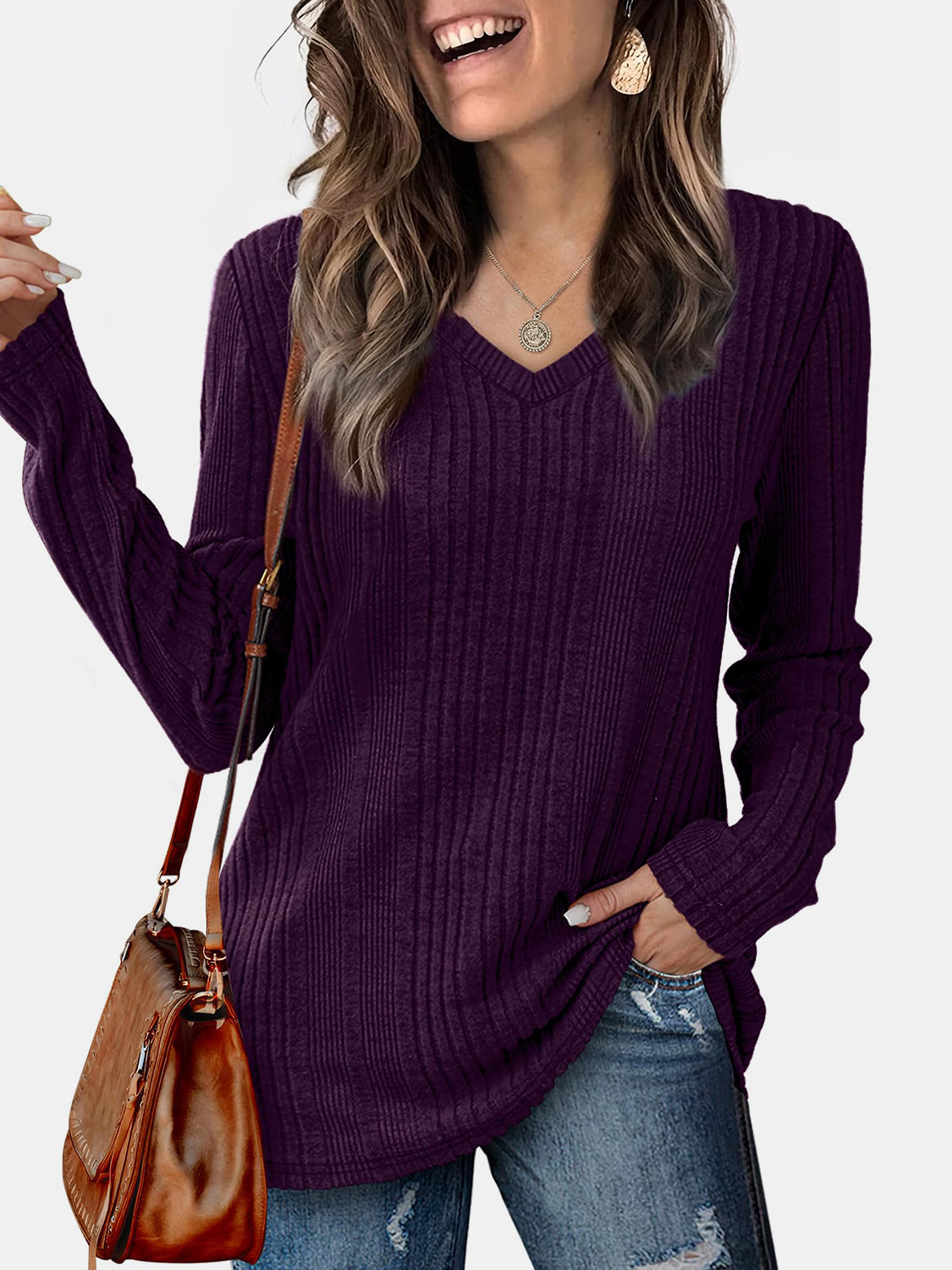 V-Neck Long Sleeve T-Shirt-TOPS / DRESSES-[Adult]-[Female]-Plum Purple-S-2022 Online Blue Zone Planet