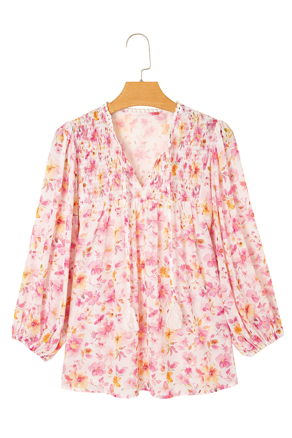 Pink Floral Print Tassel Tie Smocked V Neck Puff Sleeve Tunic Blouse-Tops/Blouses & Shirts-[Adult]-[Female]-2022 Online Blue Zone Planet