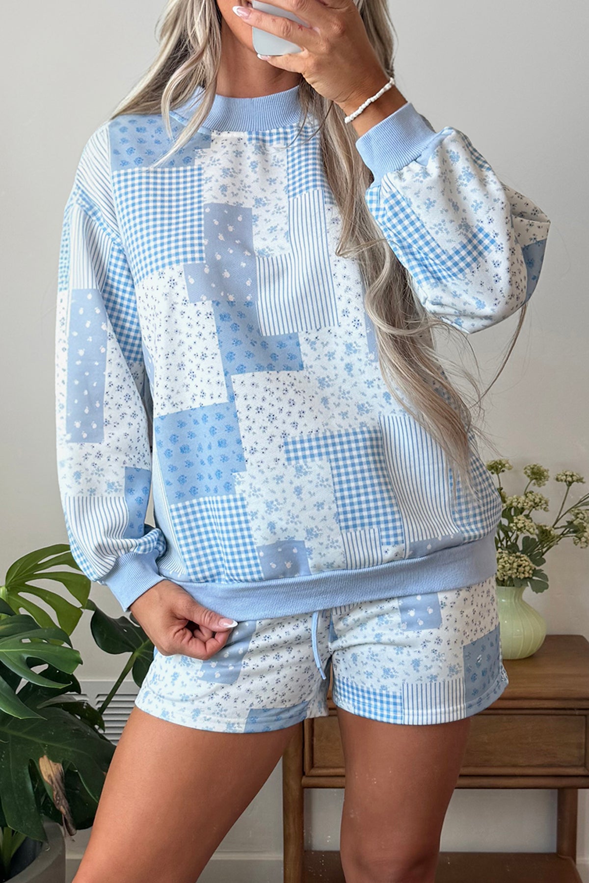 Sky Blue Patchwork Floral Print Drop Shoulder Baggy Pullover Drawstring Shorts Set-Two Piece Sets/Short Sets-[Adult]-[Female]-2022 Online Blue Zone Planet