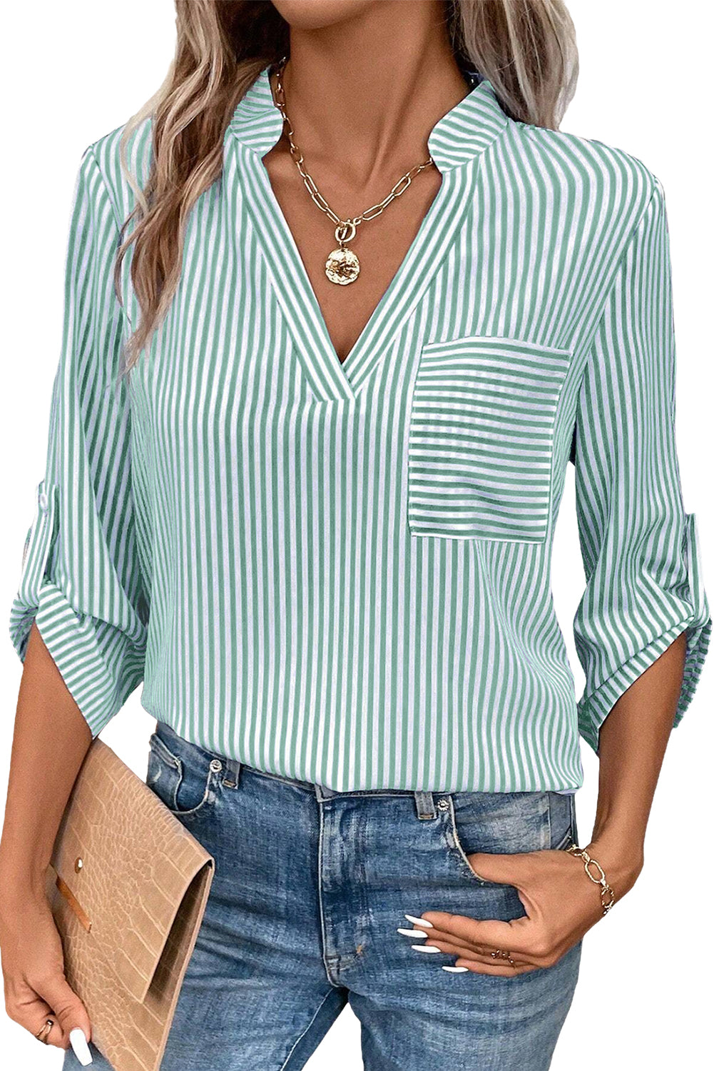 Green Stripe V Neck Roll Up Sleeve Pocket Patched Classic Shirt-Tops/Blouses & Shirts-[Adult]-[Female]-2022 Online Blue Zone Planet