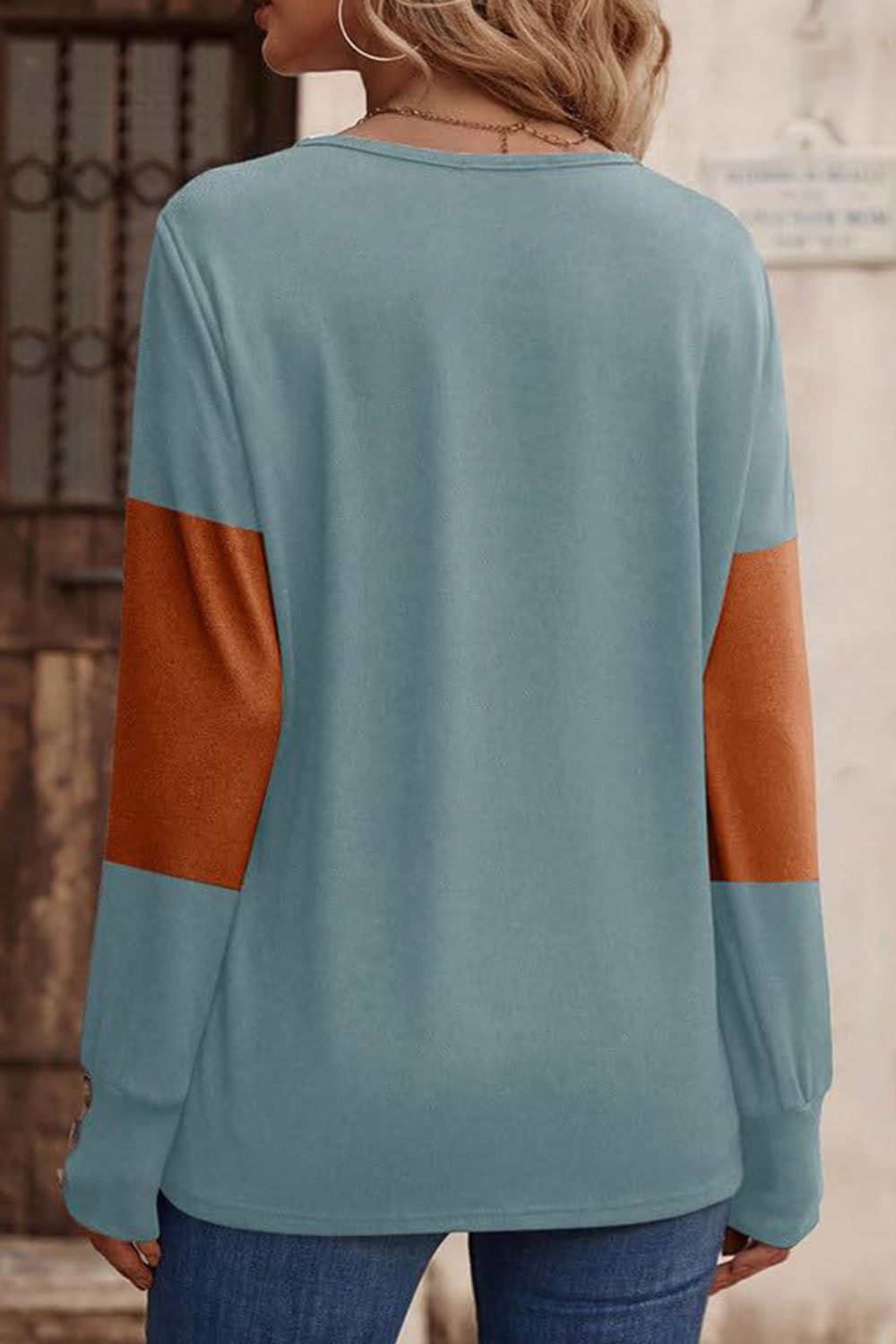 Decorative Button Contrast V-Neck Long Sleeve T-Shirt-TOPS / DRESSES-[Adult]-[Female]-2022 Online Blue Zone Planet