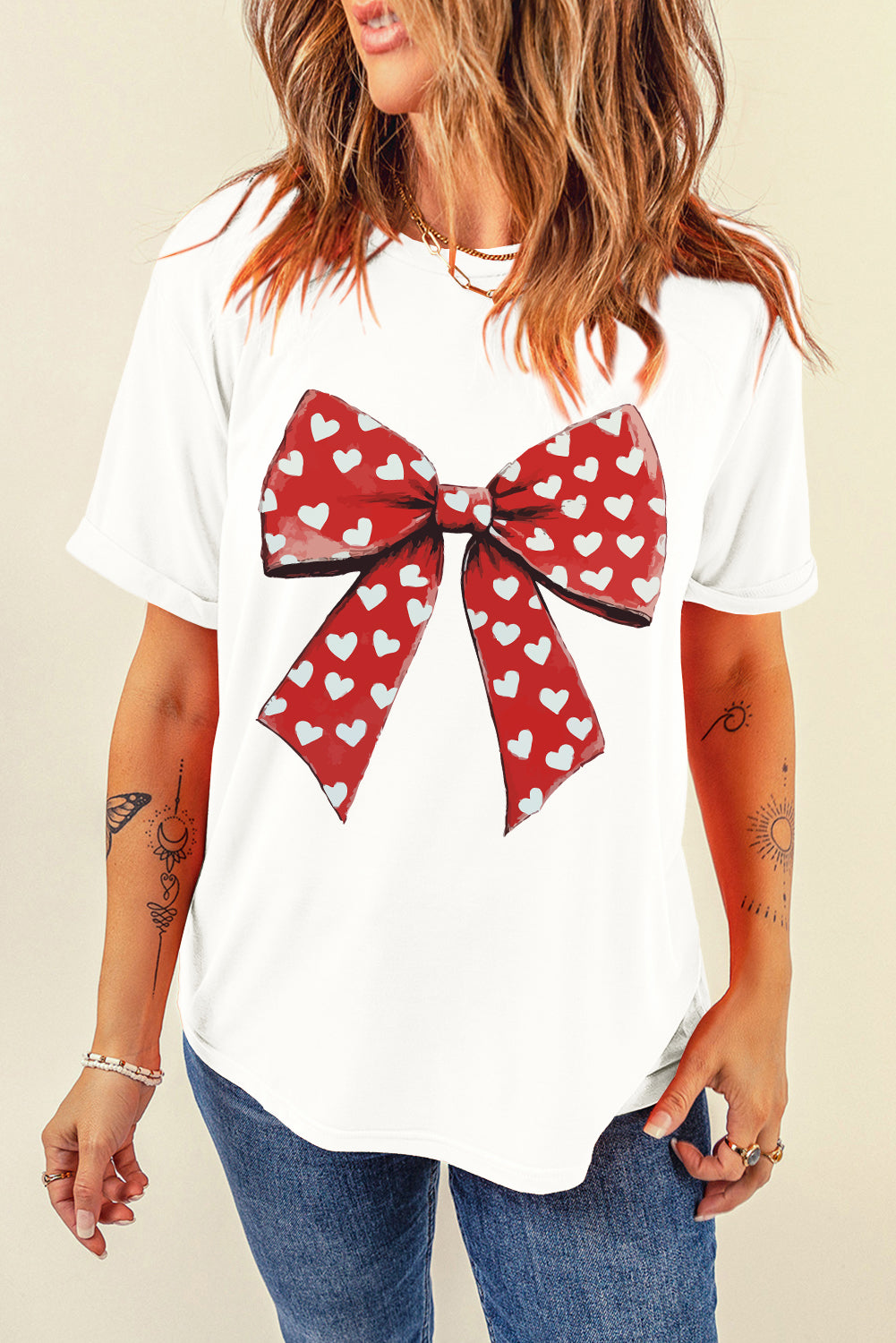 White Heart Bow Printed Crewneck Valentines T Shirt-Graphic Tees-[Adult]-[Female]-2022 Online Blue Zone Planet