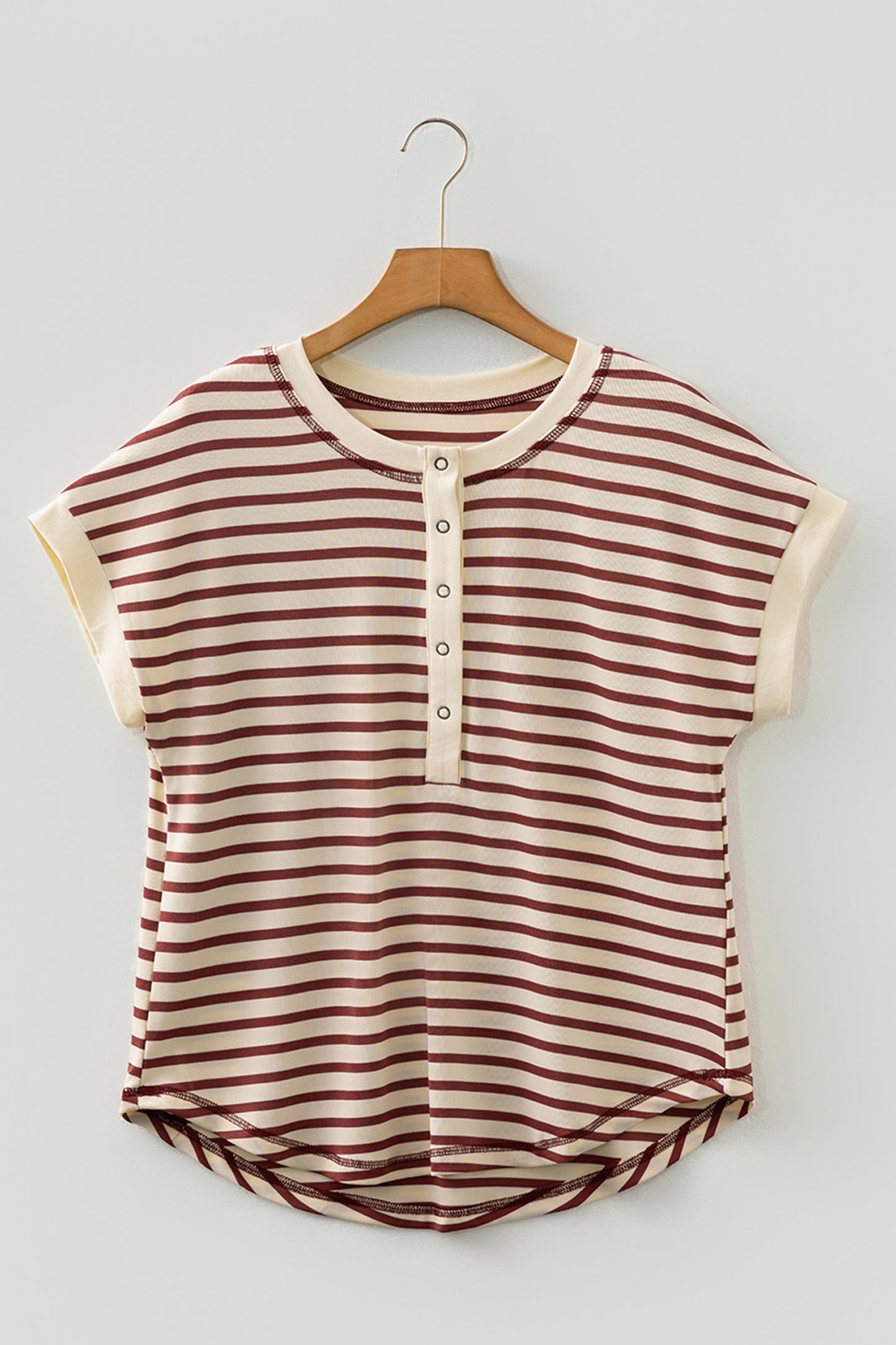 Red Stripe Half Buttons Round Neck T Shirt-Tops/Tops & Tees-[Adult]-[Female]-2022 Online Blue Zone Planet