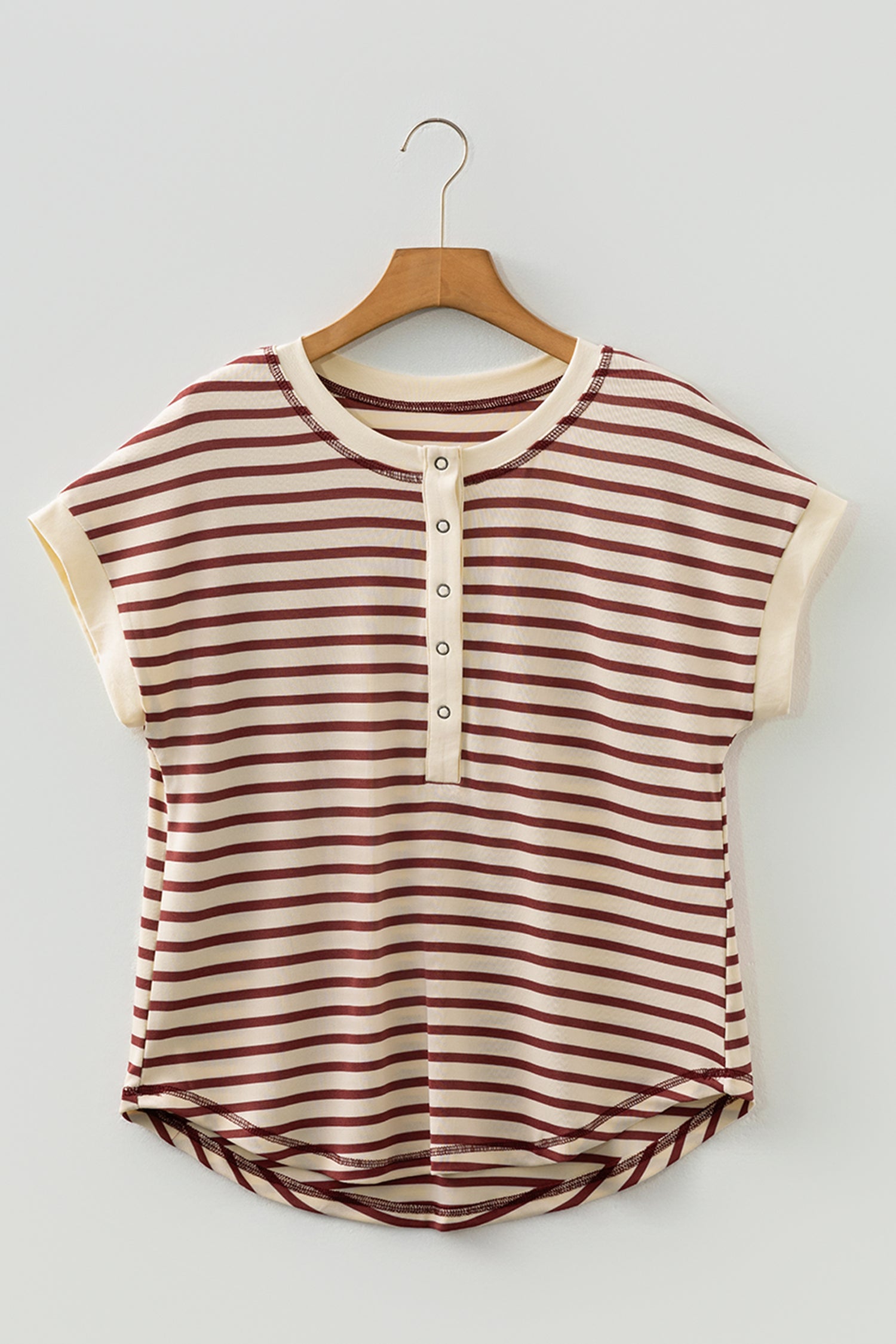 Red Stripe Half Buttons Round Neck T Shirt-Tops/Tops & Tees-[Adult]-[Female]-2022 Online Blue Zone Planet
