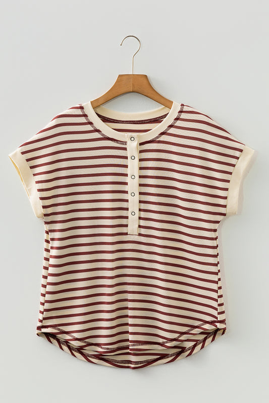 Red Stripe Half Buttons Round Neck T Shirt-Tops/Tops & Tees-[Adult]-[Female]-2022 Online Blue Zone Planet