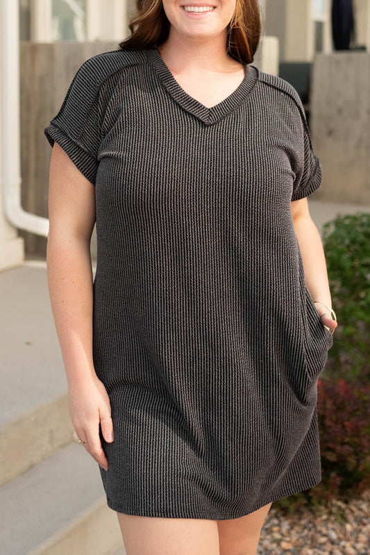 Carbon Grey Corded V Neck Plus Size T Shirt Dress with Pockets-Plus Size/Plus Size Dresses/Plus Size Mini Dresses-[Adult]-[Female]-Carbon Grey-1X-2022 Online Blue Zone Planet