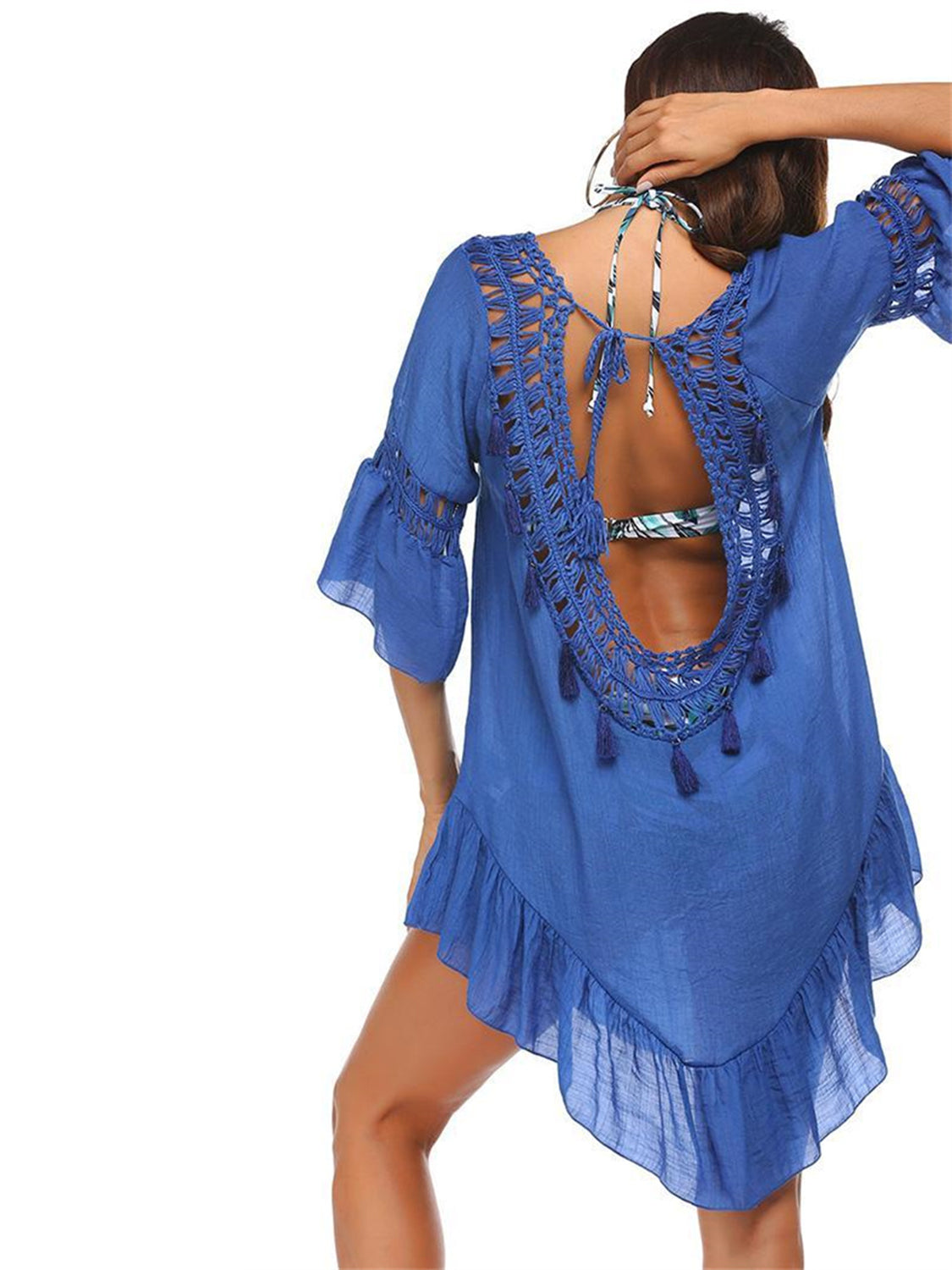 Blue Zone Planet |  Linda's Bohemian Backless Cutout Three-Quarter Sleeve Cover-Up BLUE ZONE PLANET