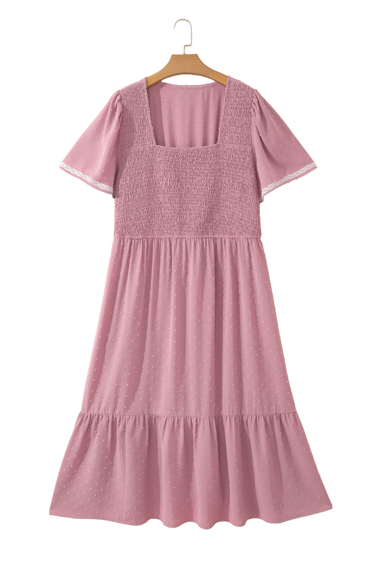 Pink Plus Size Swiss Dot Short Sleeve Smocked High Waist Flowy Midi Dress-TOPS / DRESSES-[Adult]-[Female]-2022 Online Blue Zone Planet