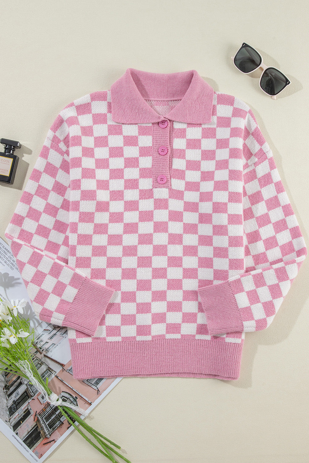 Checkered Collared Neck Dropped Shoulder Sweater-TOPS / DRESSES-[Adult]-[Female]-2022 Online Blue Zone Planet