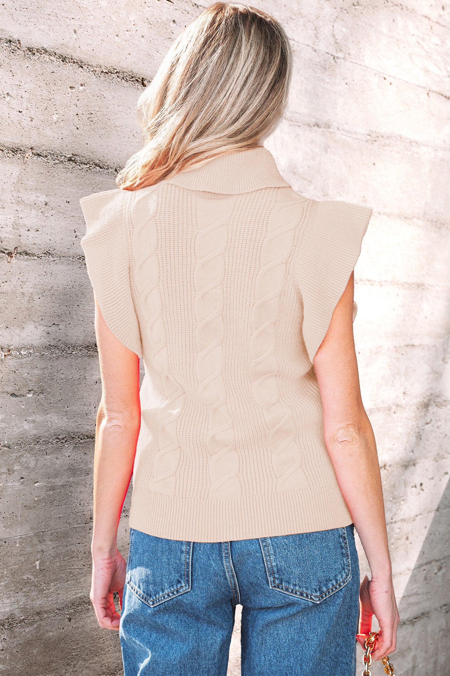 Jet Stream Cable Knit Turtleneck Ruffled Short Sleeve Sweater-Sweaters & Cardigans/Short Sleeve Sweaters-[Adult]-[Female]-2022 Online Blue Zone Planet