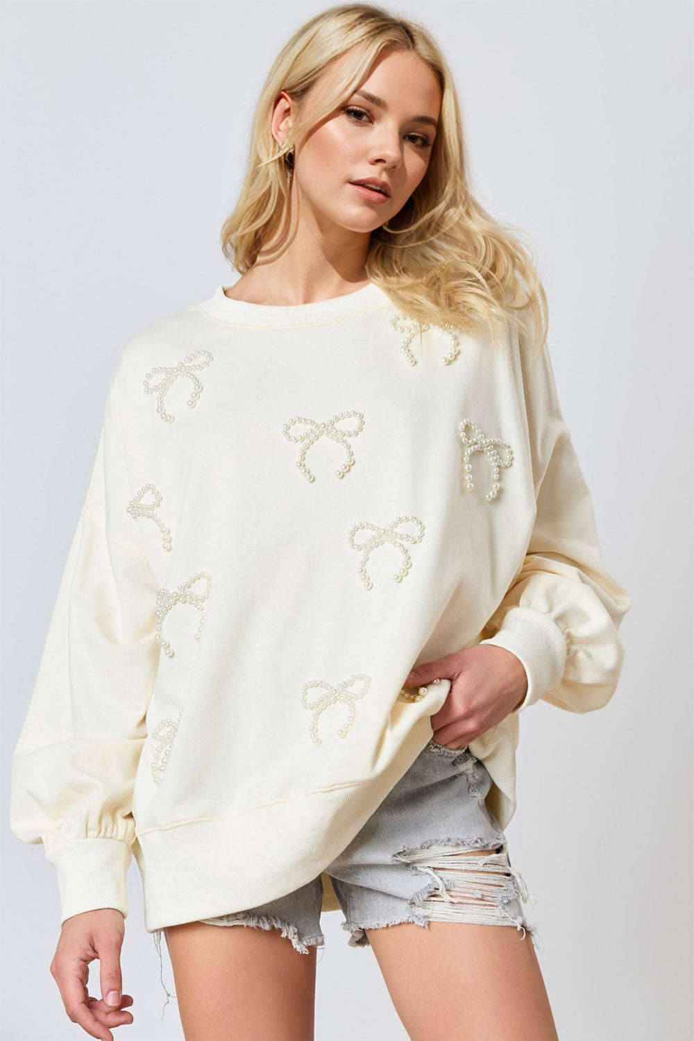 Pearl Bow Round Neck Dropped Shoulder Sweatshirt-TOPS / DRESSES-[Adult]-[Female]-Ivory-S-2022 Online Blue Zone Planet