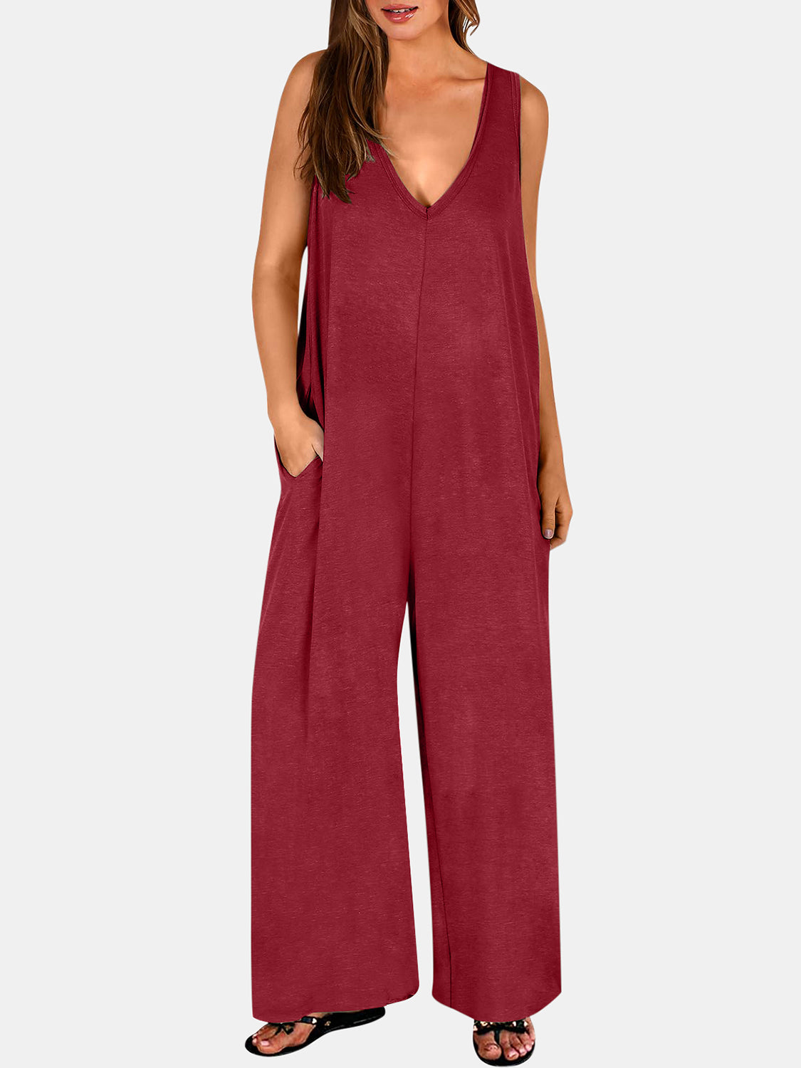 Full Size V-Neck Wide Strap Jumpsuit-TOPS / DRESSES-[Adult]-[Female]-Burgundy-S-2022 Online Blue Zone Planet