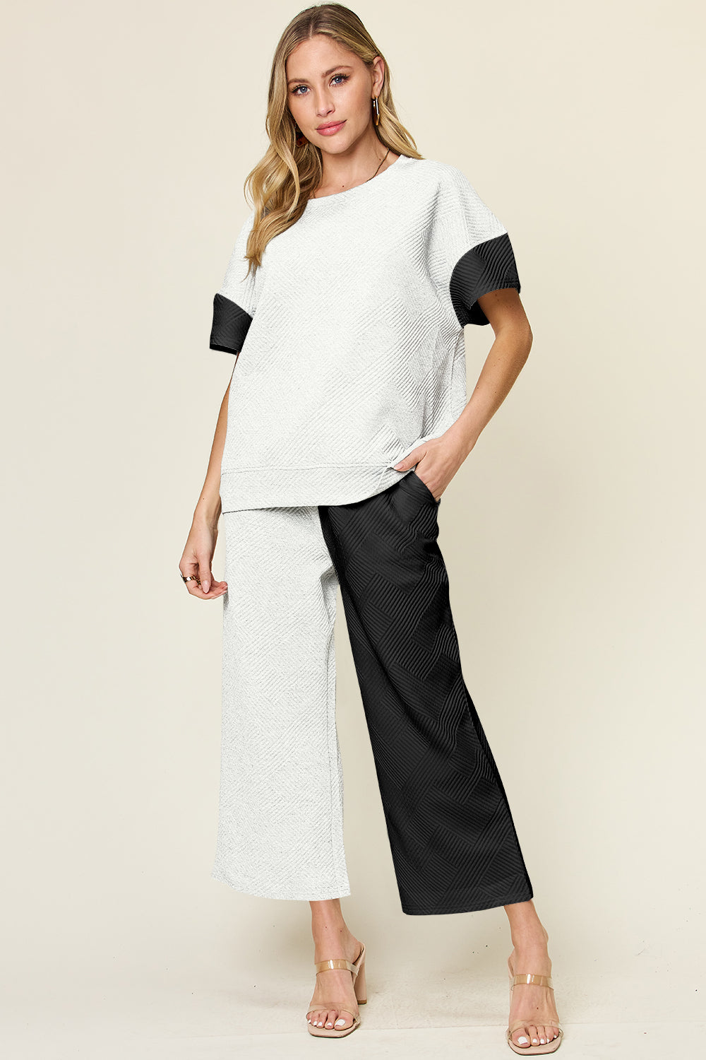 Blue Zone Planet | Double Take Full Size Texture Contrast T-Shirt and Wide Leg Pants Set-TOPS / DRESSES-[Adult]-[Female]-Black-S-2022 Online Blue Zone Planet