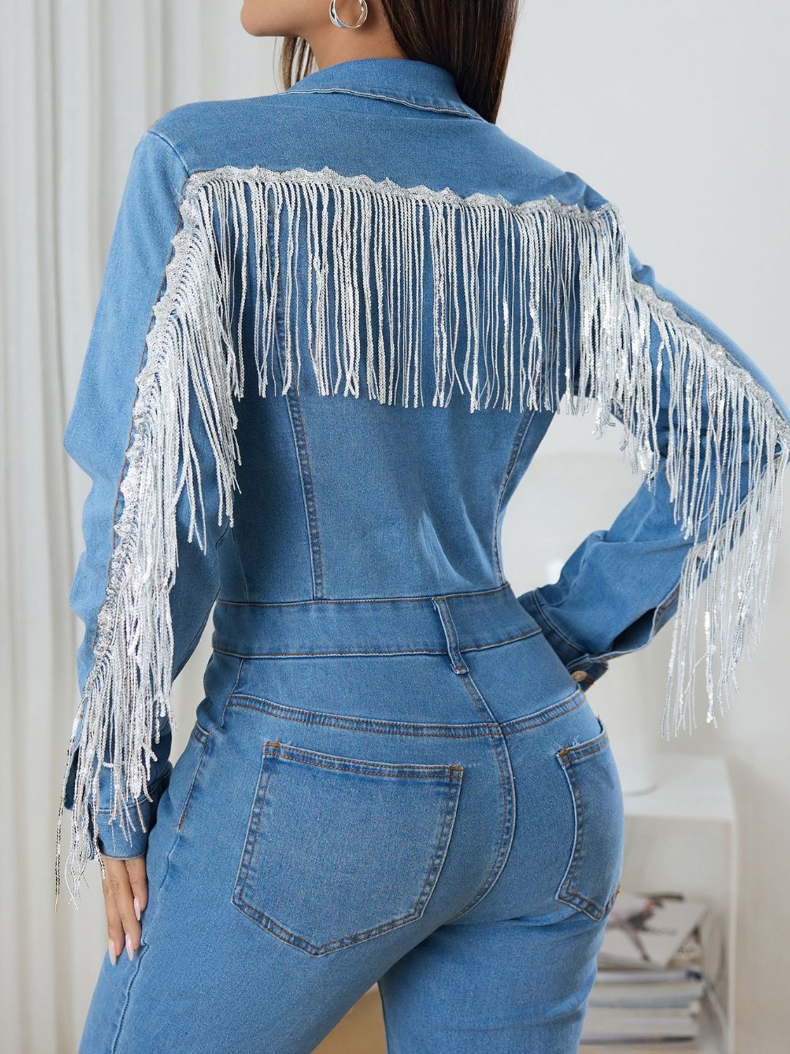 Fringe Half Button Long Sleeve Denim Jumpsuit-TOPS / DRESSES-[Adult]-[Female]-2022 Online Blue Zone Planet