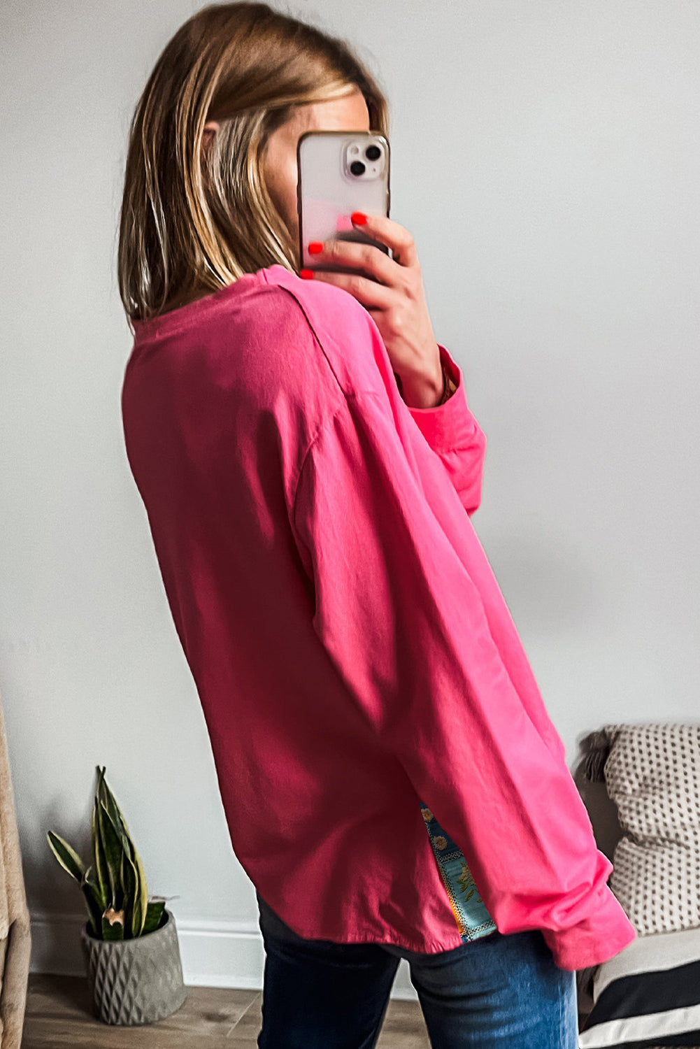 Strawberry Pink Floral Hemline Patchwork Round Neck Casual Top-Tops/Long Sleeve Tops-[Adult]-[Female]-2022 Online Blue Zone Planet
