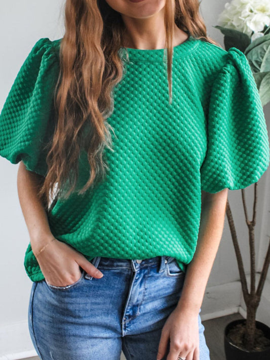 Texture Round Neck Puff Sleeve Blouse-TOPS / DRESSES-[Adult]-[Female]-Turquoise-S-2022 Online Blue Zone Planet