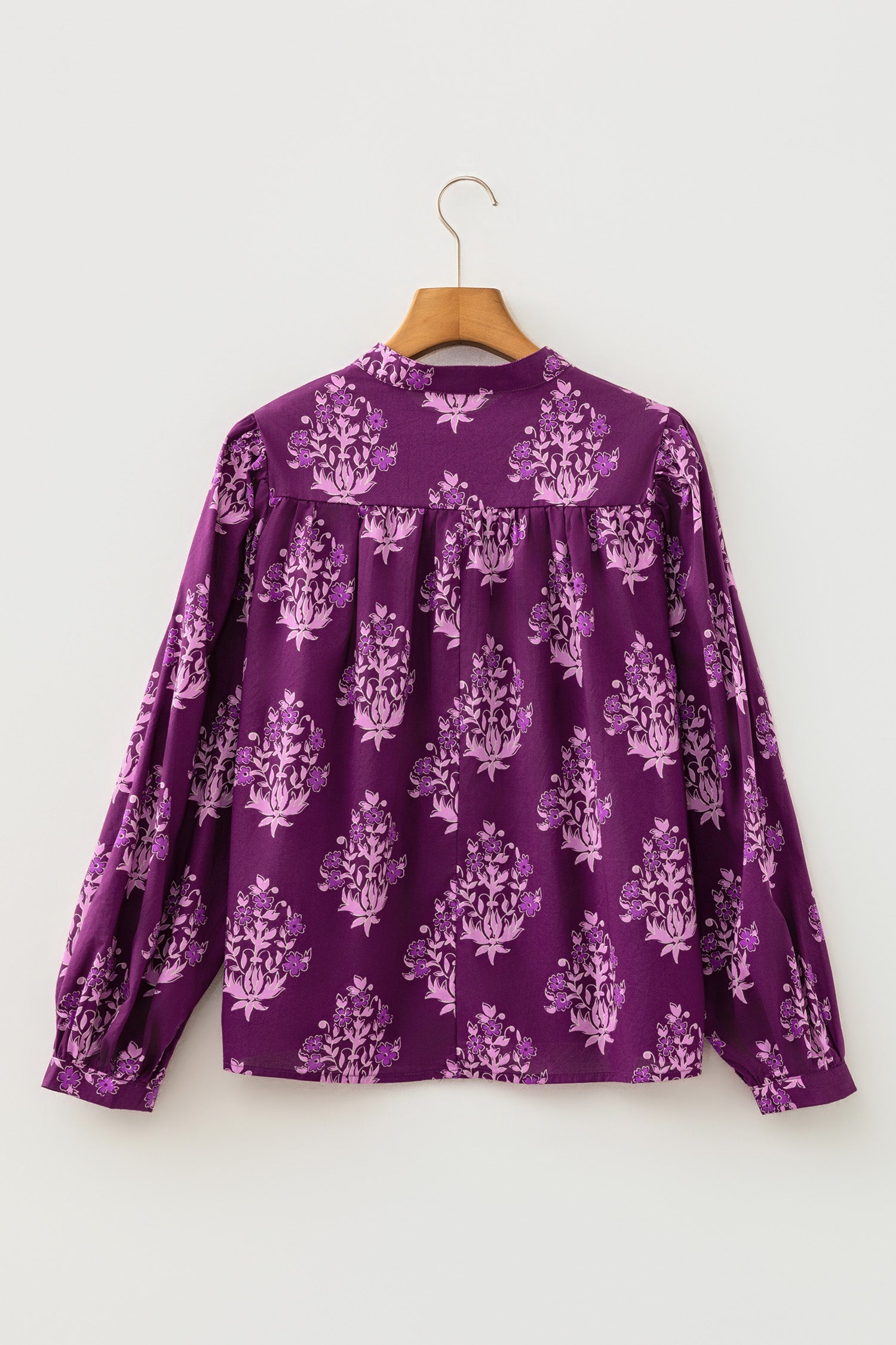 Purple Floral Print Button-Up Long Puff Sleeve Loose Shirt-Tops/Blouses & Shirts-[Adult]-[Female]-2022 Online Blue Zone Planet