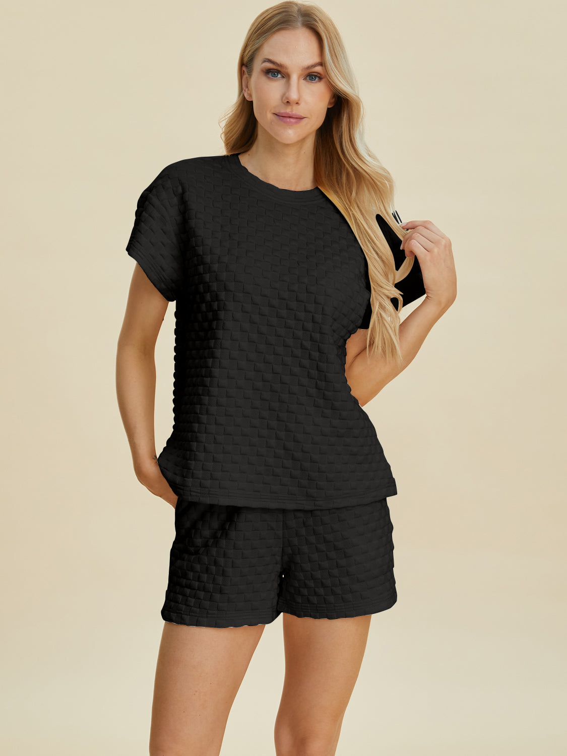 Double Take Full Size Texture T-Shirt and Shorts Set-TOPS / DRESSES-[Adult]-[Female]-2022 Online Blue Zone Planet