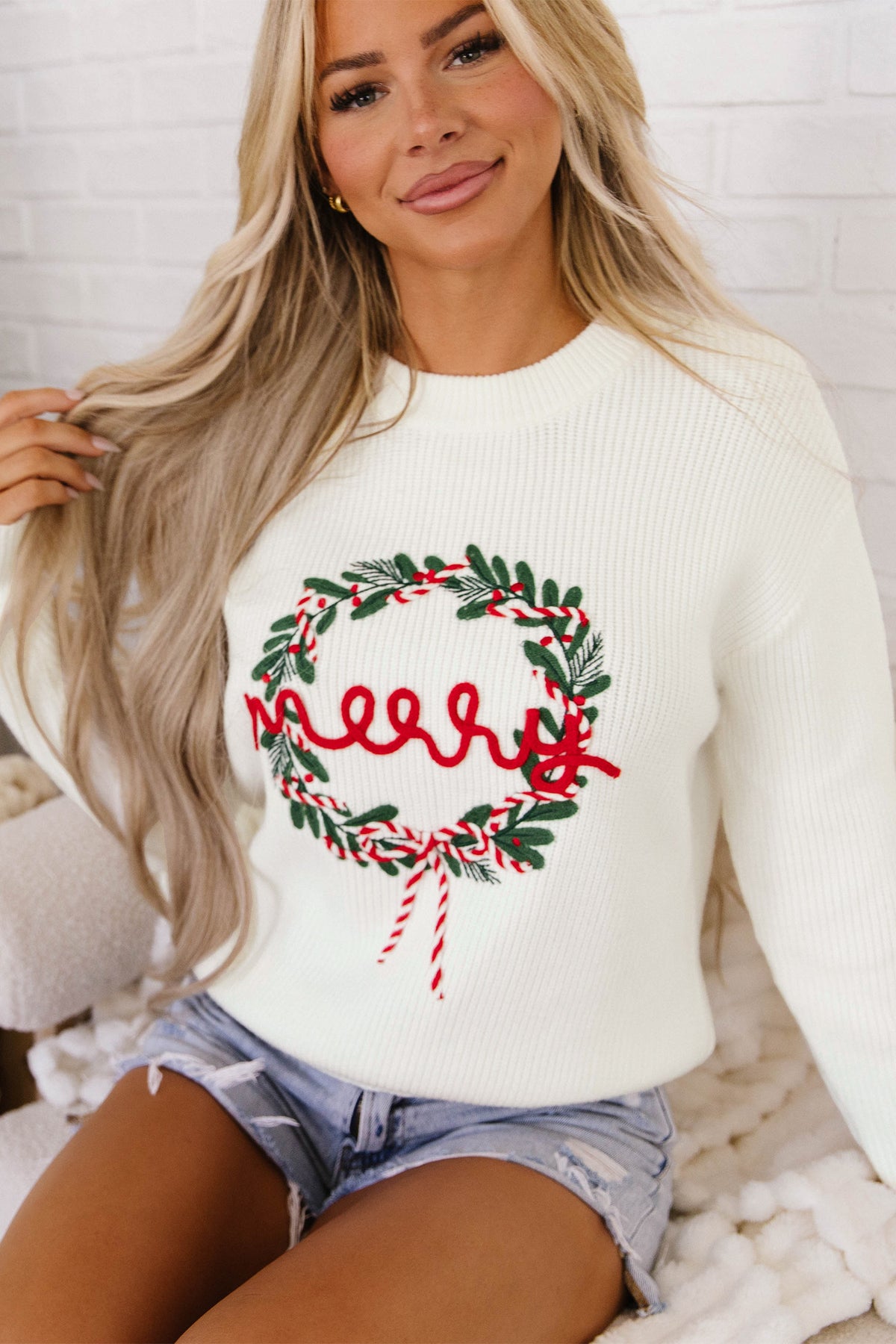 White Christmas Wreath Pattern Round Neck Casual Sweater-TOPS / DRESSES-[Adult]-[Female]-2022 Online Blue Zone Planet