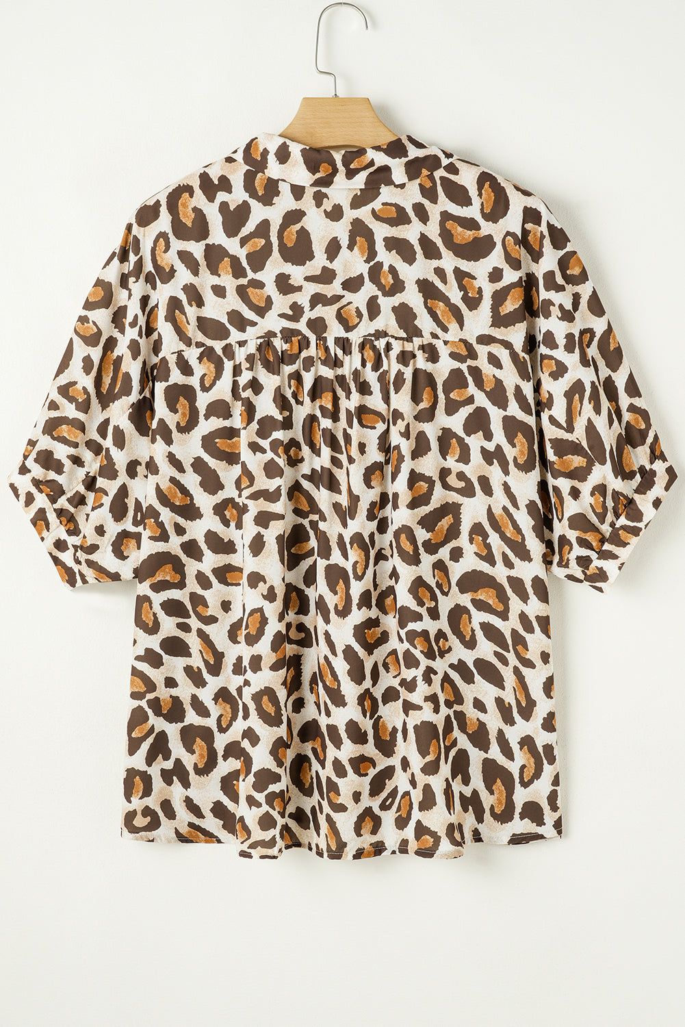 Khaki Plus Size Leopard Print Short Sleeve Buttoned Shirt-Plus Size/Plus Size Tops/Plus Size Blouses & Shirts-[Adult]-[Female]-2022 Online Blue Zone Planet