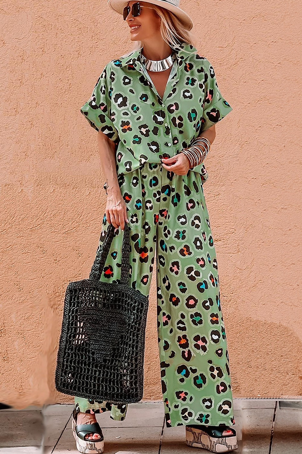Leopard Collared Neck Top and Pants Set-TOPS / DRESSES-[Adult]-[Female]-2022 Online Blue Zone Planet