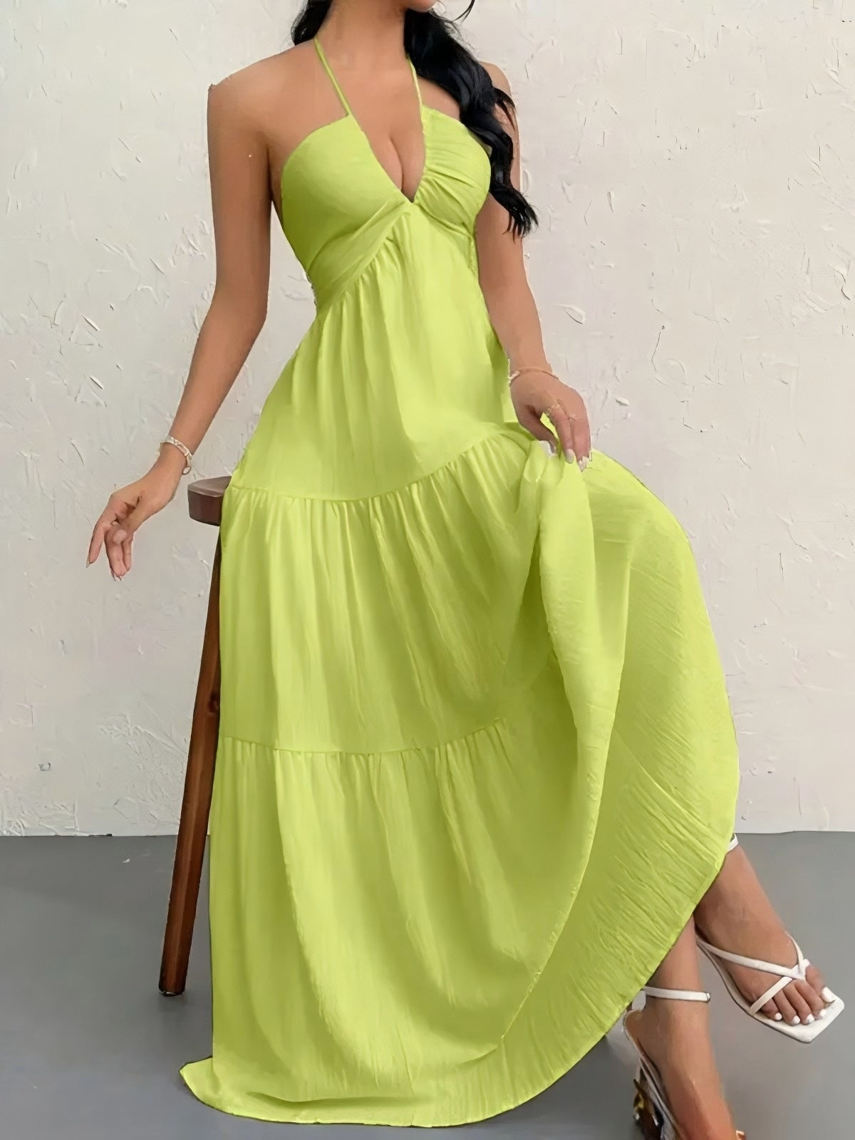 halterneck a line maxi dress Linda's Backless Halterneck V-Neck Pleated A-Line Maxi Dress – Blue Zone  Planet