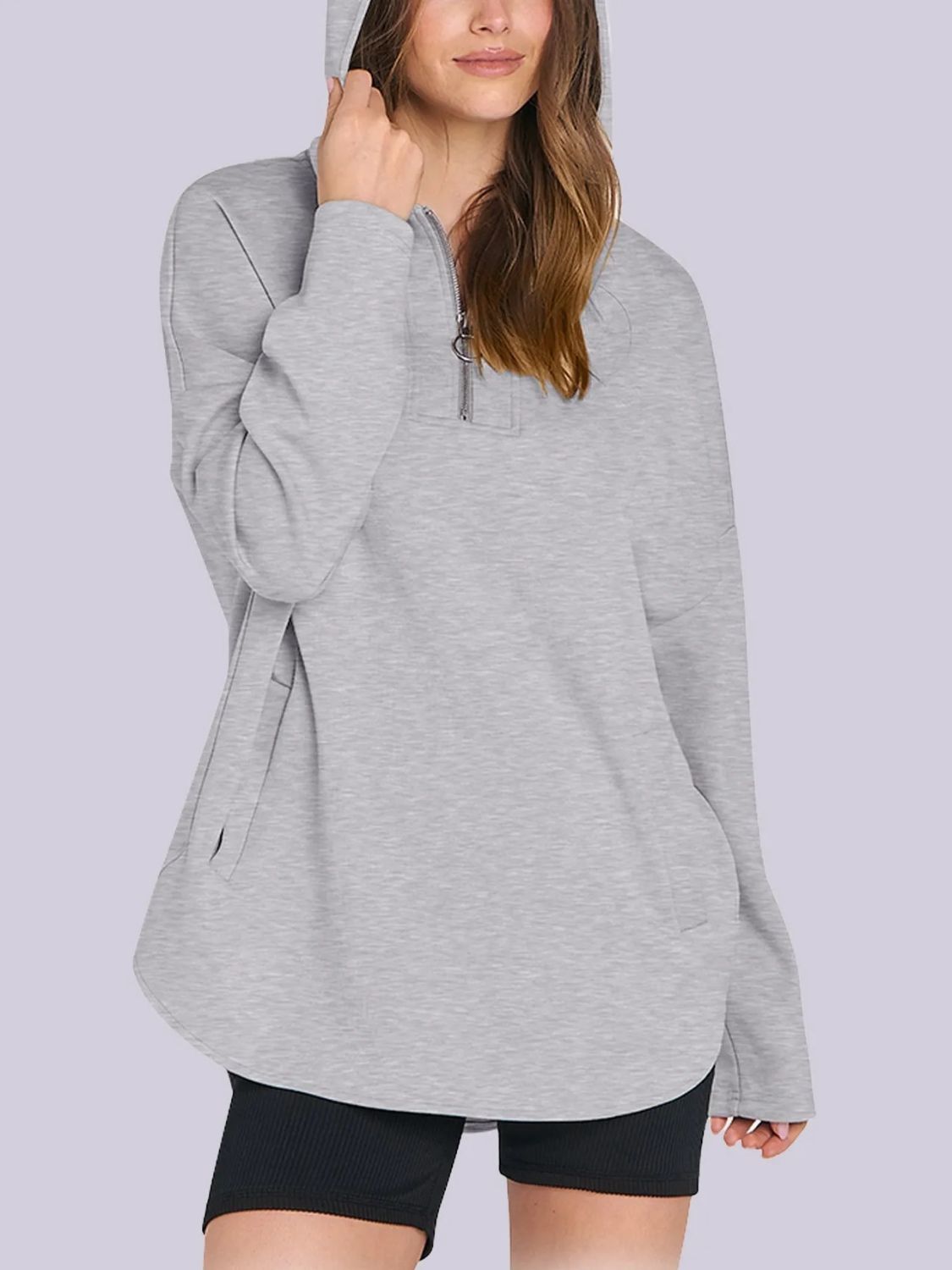 Quarter Zip Long Sleeve Hoodie-TOPS / DRESSES-[Adult]-[Female]-Light Gray-S-2022 Online Blue Zone Planet