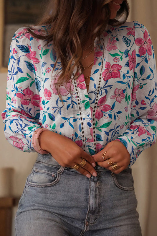 Pink Floral Print Lace Detail Button-up Long Sleeve Shirt-Tops/Blouses & Shirts-[Adult]-[Female]-Pink-S-2022 Online Blue Zone Planet