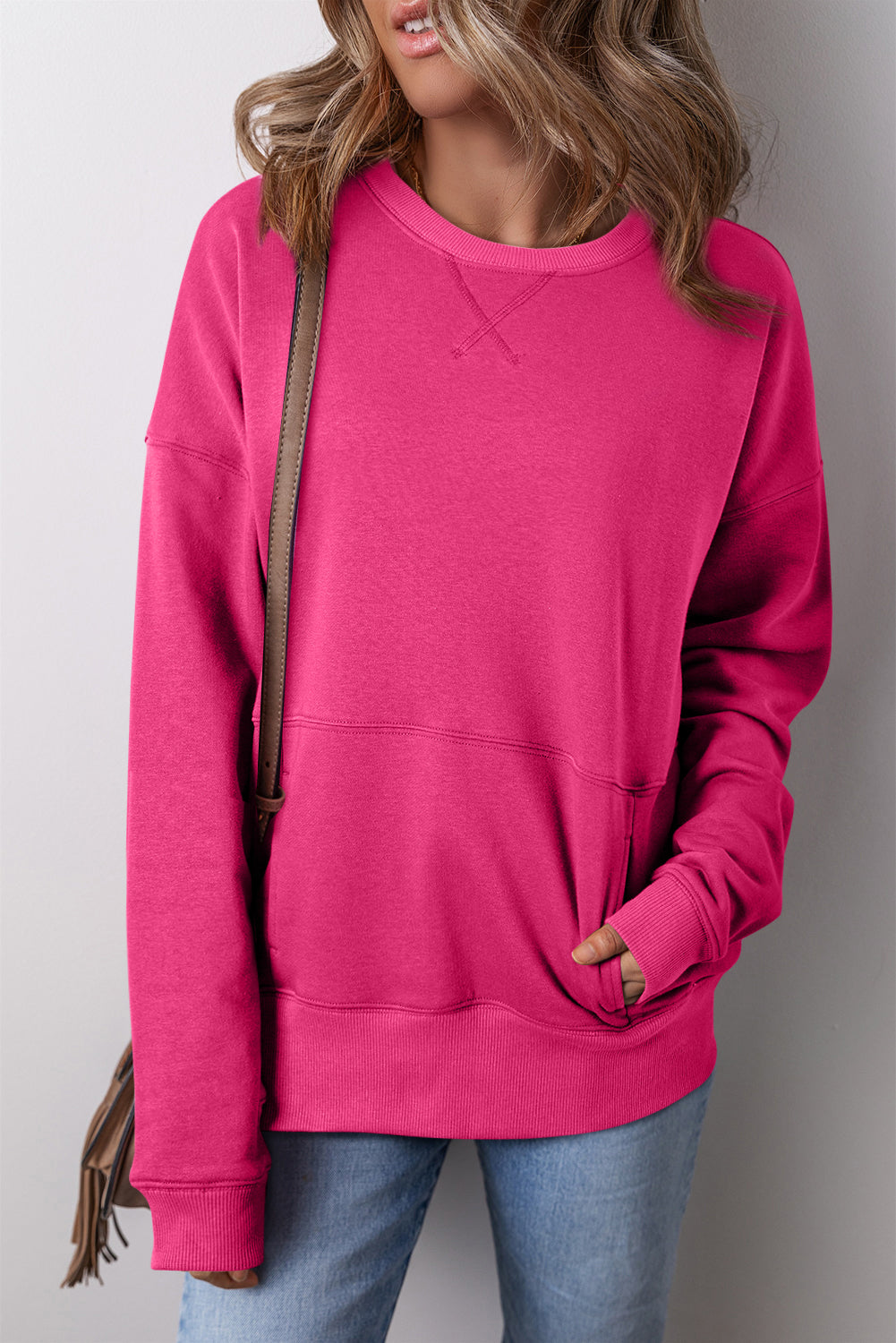 Blue Zone Planet | Black Drop Shoulder Crisscross Stitching Pocketed Loose Sweatshirt-Tops/Sweatshirts & Hoodies-[Adult]-[Female]-Rose Red-S-2022 Online Blue Zone Planet