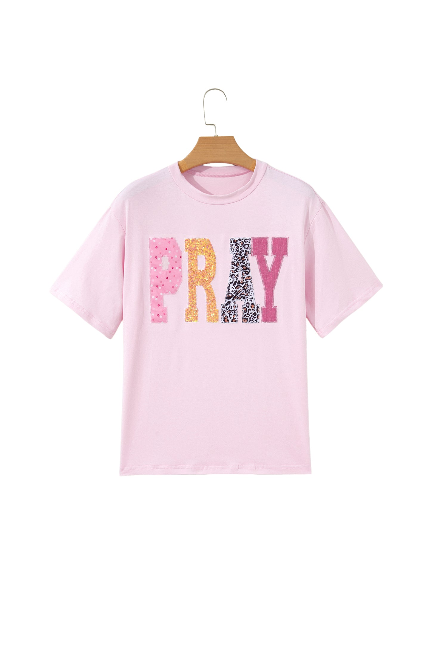 Pink Pray Sequin Leopard Multiple Patched Graphic Tee-Tops/Tops & Tees-[Adult]-[Female]-2022 Online Blue Zone Planet