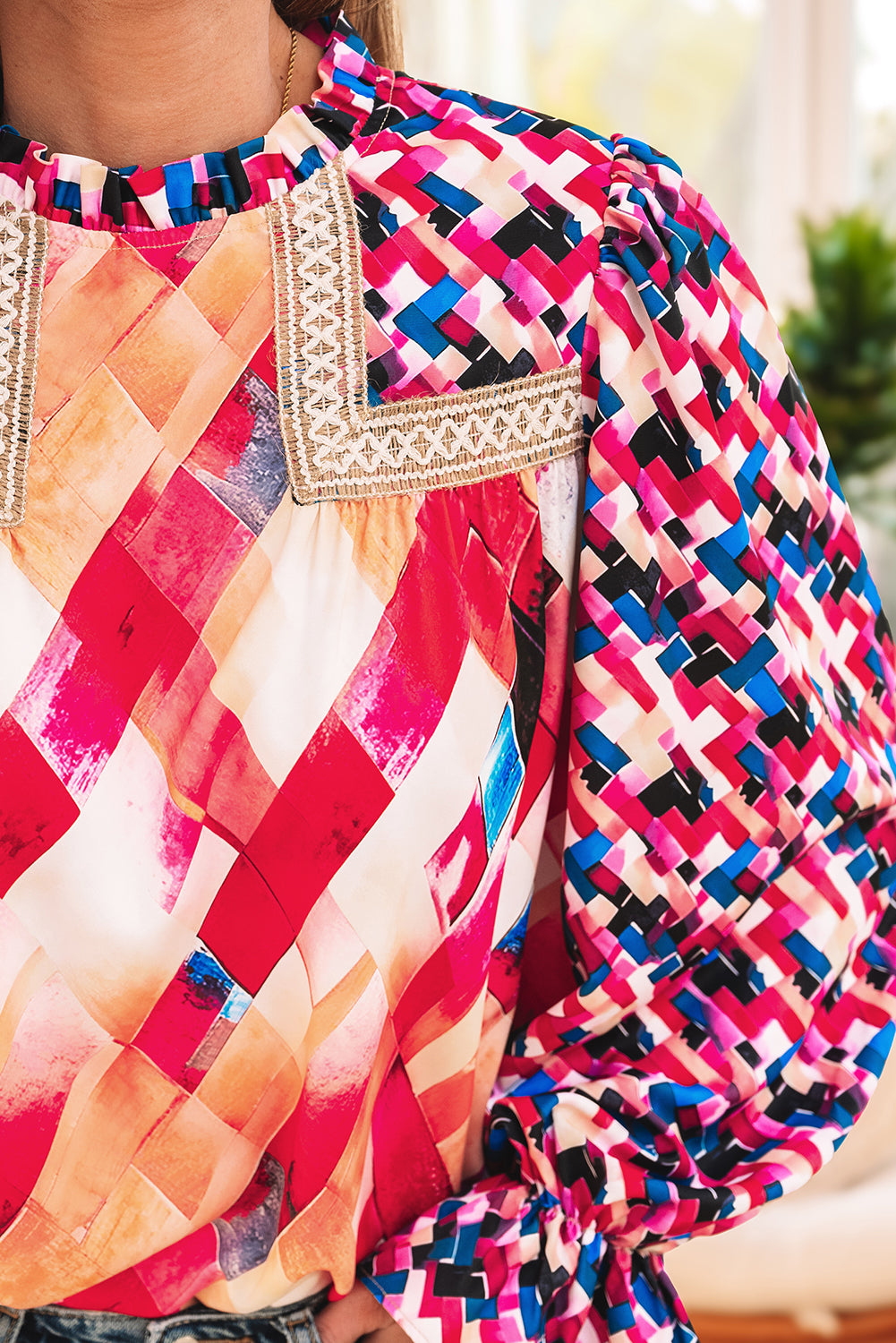 Rose Red Abstract Geometric Pattern Patchwork Puff Sleeve Blouse-Tops/Blouses & Shirts-[Adult]-[Female]-2022 Online Blue Zone Planet