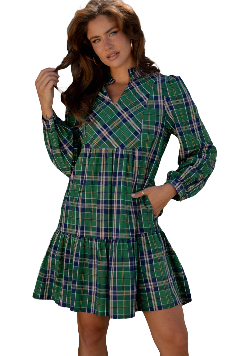 Green Plaid Print Frilly Collar Long Sleeve Shift Mini Dress-TOPS / DRESSES-[Adult]-[Female]-2022 Online Blue Zone Planet