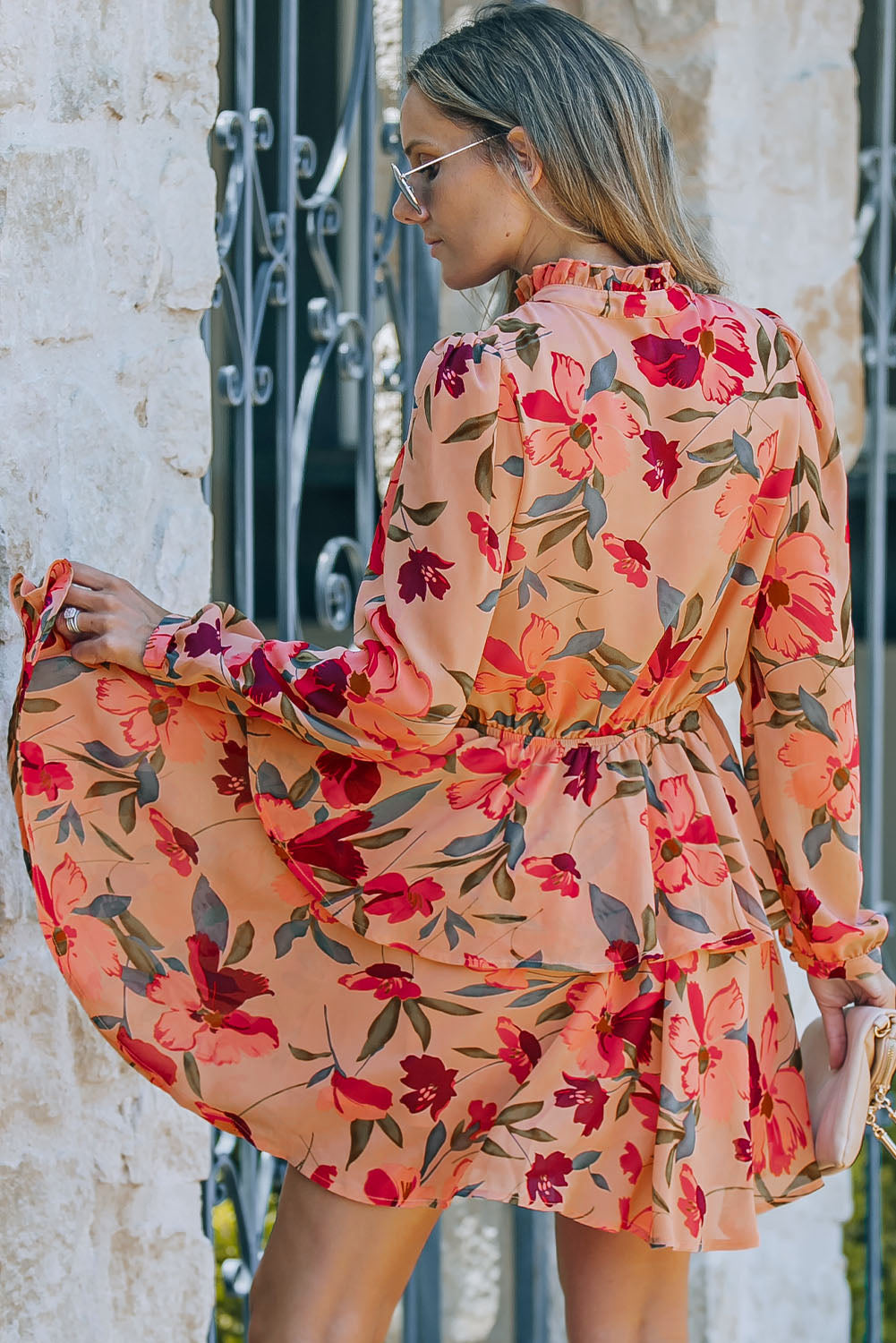 Blue Zone Planet |  Fiery Red Frilled Collar Long Sleeve Floral Dress with Ruffle