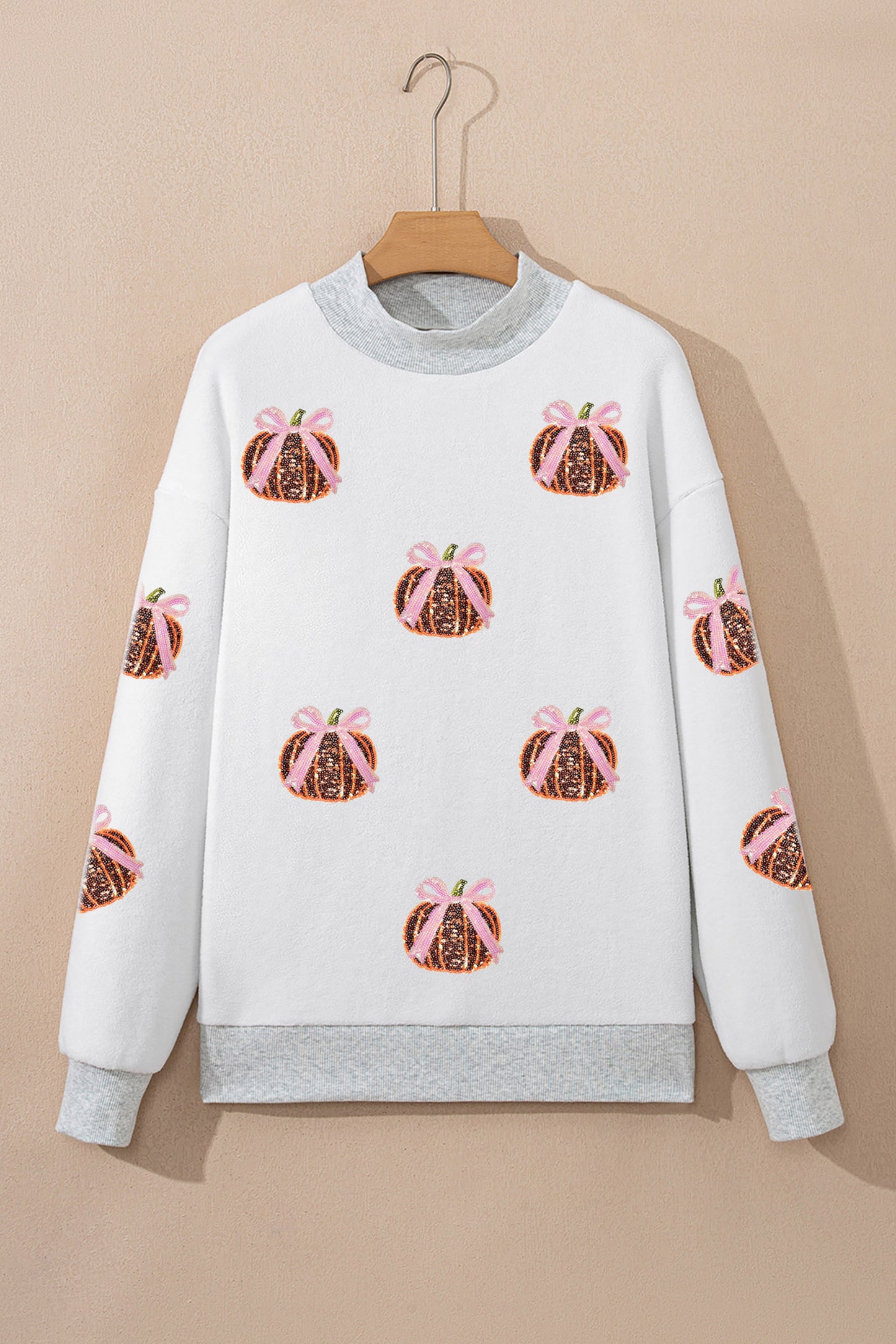 Light Grey Sequin Bow Pumpkin Patch Color Block High Neck Sweatshirt