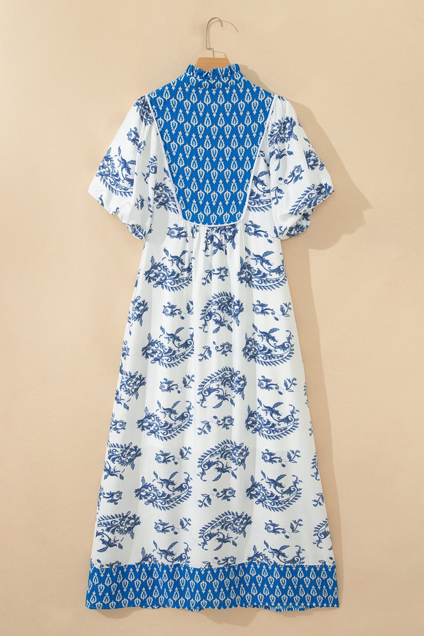 Sky Blue Boho Abstract Print Contrast Trim V Neck Tassel Tie Dress-TOPS / DRESSES-[Adult]-[Female]-2022 Online Blue Zone Planet