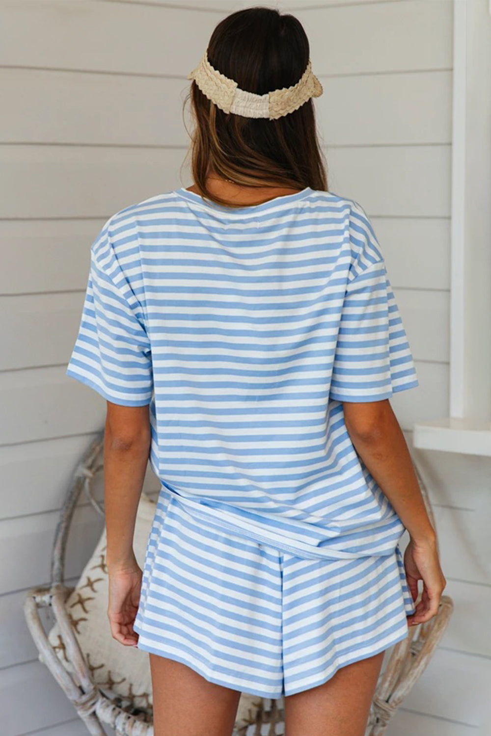 Striped Round Neck Top and Shorts Set-TOPS / DRESSES-[Adult]-[Female]-2022 Online Blue Zone Planet