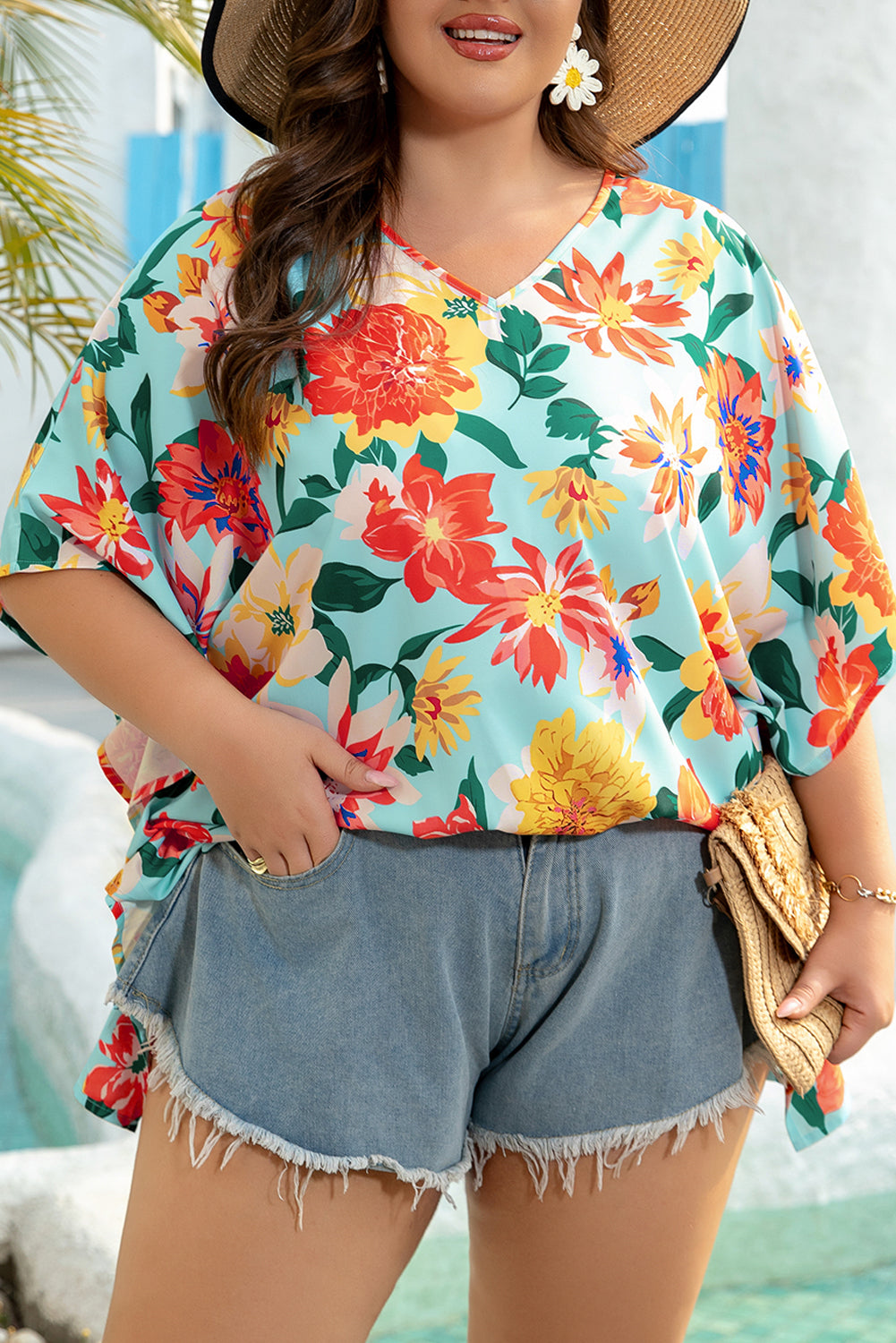 Sky Blue Plus Size Floral Print V Neck Batwing Sleeve Blouse-Plus Size/Plus Size Tops/Plus Size Blouses & Shirts-[Adult]-[Female]-2022 Online Blue Zone Planet
