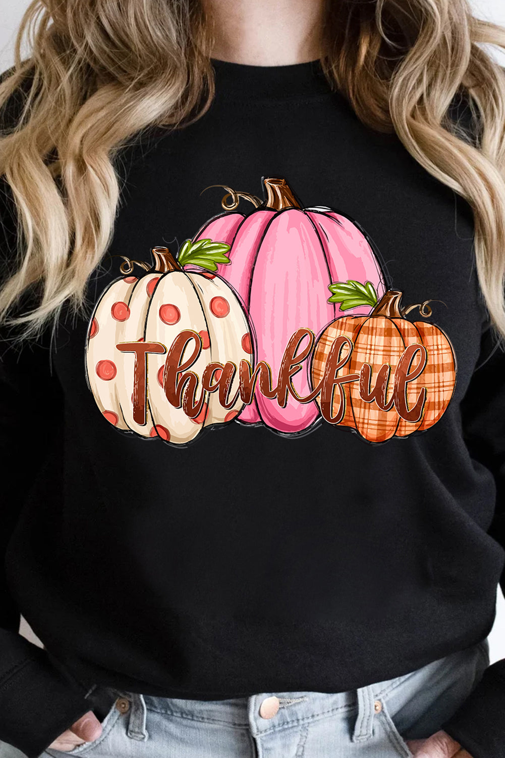 Black Pumpkin Thankful Drop Shoulder Thanksgiving Pullover Sweatshirt-Graphic/Graphic Sweatshirts-[Adult]-[Female]-2022 Online Blue Zone Planet