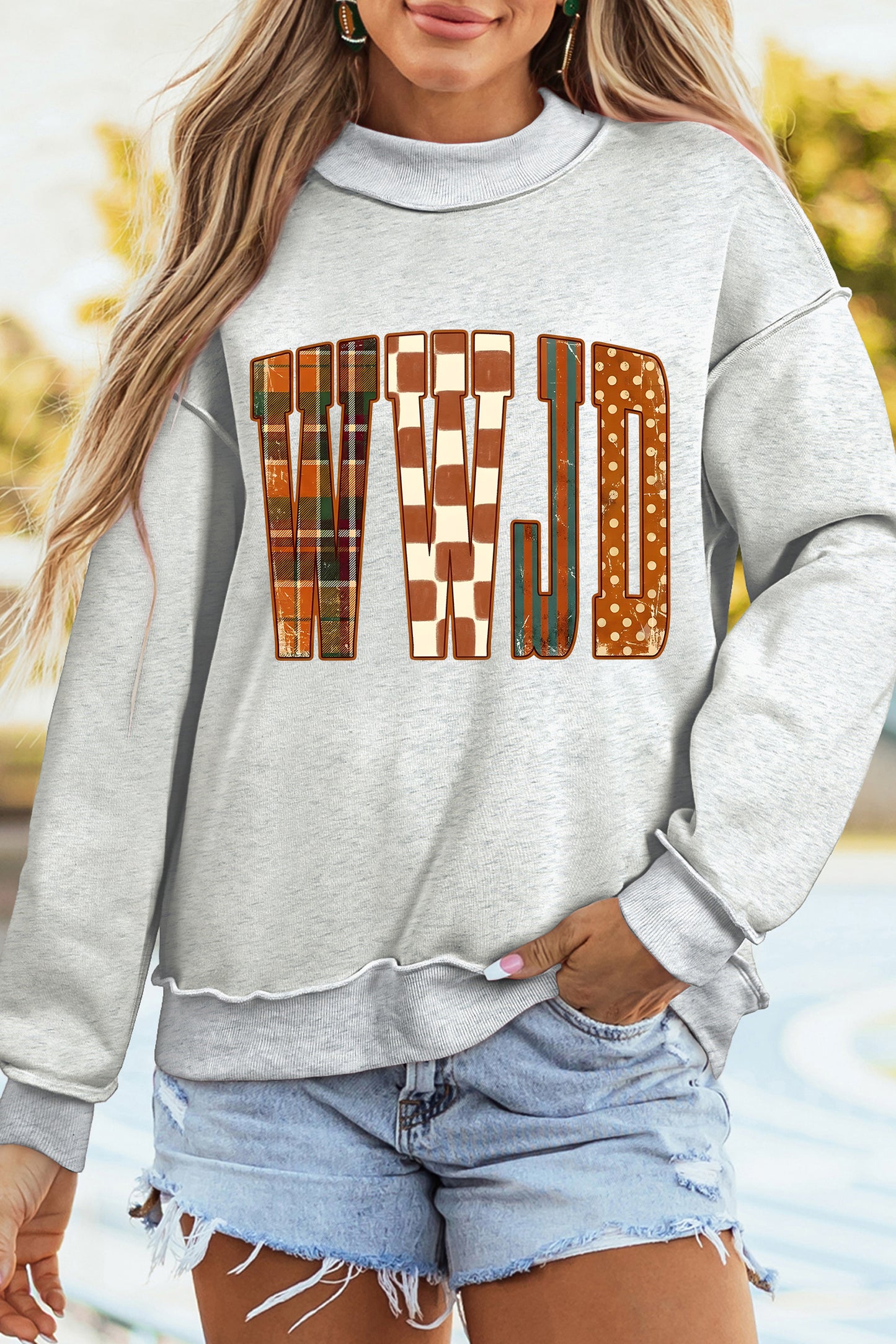 Light Grey WWJD Graphic Mock Neck Oversized Sweatshirt-Graphic/Graphic Sweatshirts-[Adult]-[Female]-2022 Online Blue Zone Planet