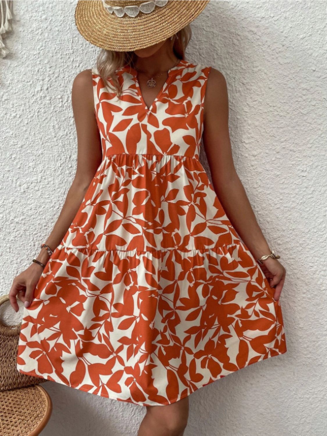 Printed Notched Sleeveless Mini Dress-TOPS / DRESSES-[Adult]-[Female]-Orange-S-2022 Online Blue Zone Planet