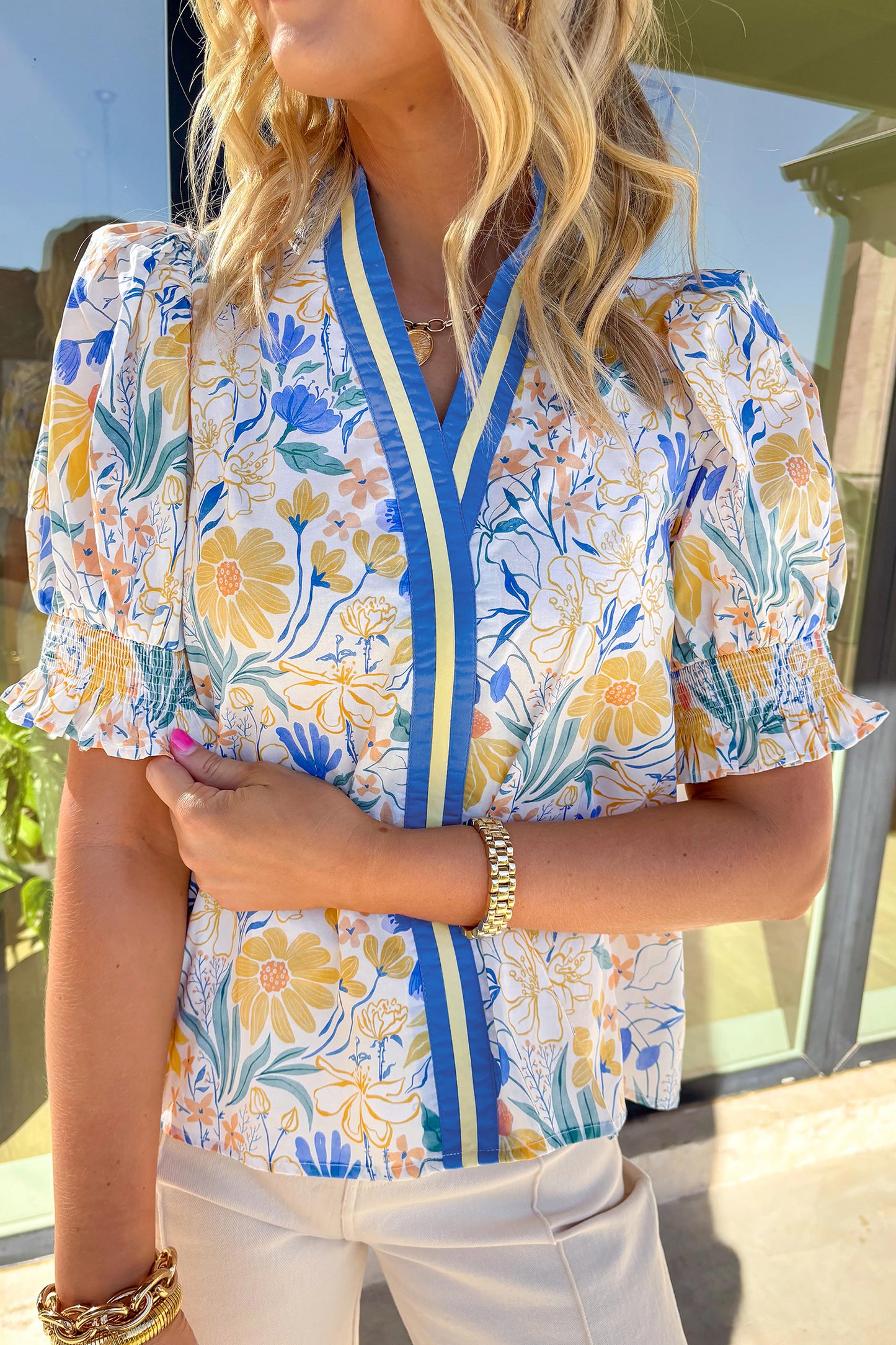 Yellow Floral Print Striped Trim V Neck Puff Sleeve Blouse-Tops/Blouses & Shirts-[Adult]-[Female]-2022 Online Blue Zone Planet