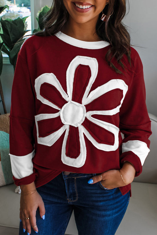 Red Dahlia Cheerful Daisy Flower Patched Round Neck Long Sleeve Top-Tops/Long Sleeve Tops-[Adult]-[Female]-Red Dahlia-S-2022 Online Blue Zone Planet