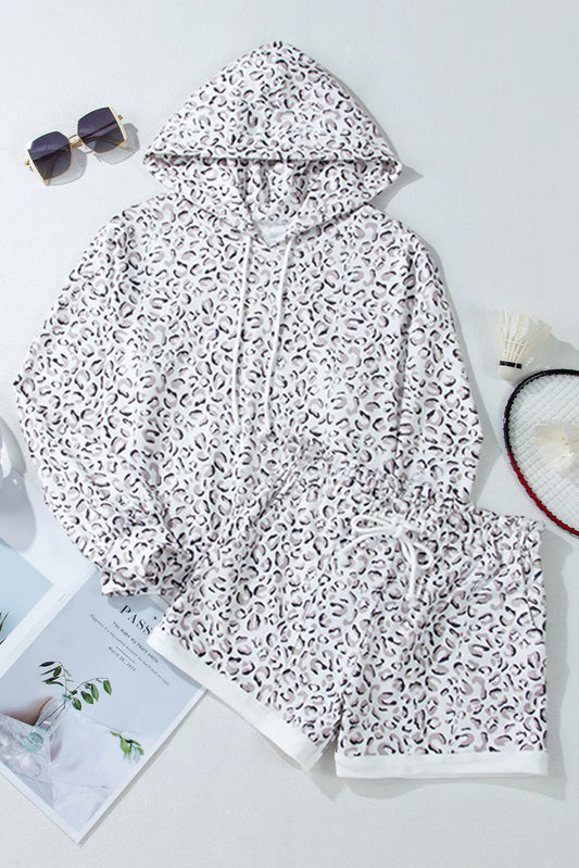 Drawstring Leopard Long Sleeve Hooded Top and Shorts Set-TOPS / DRESSES-[Adult]-[Female]-Leopard-S-2022 Online Blue Zone Planet