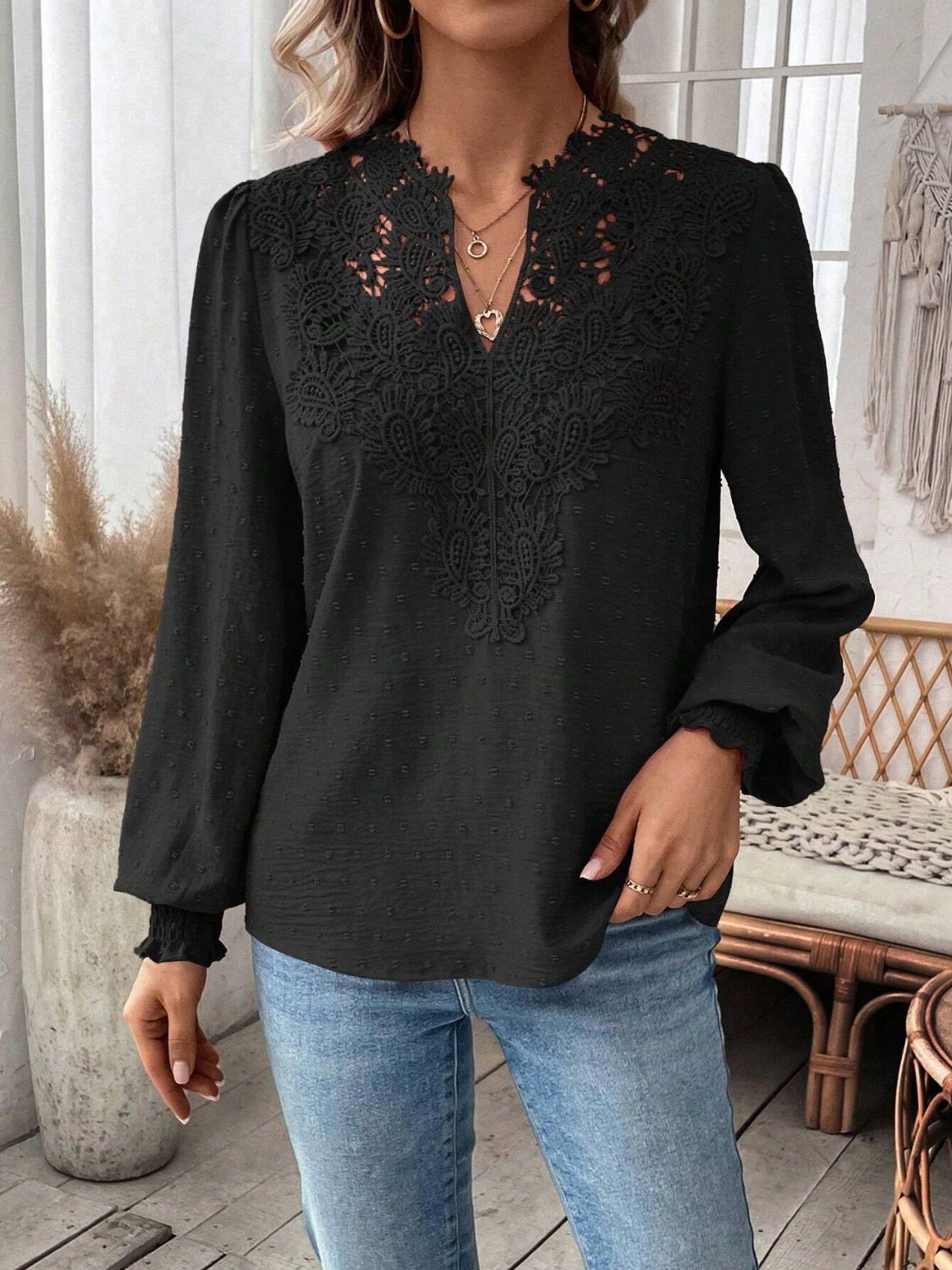 Swiss Dot Lace Detail Notched Long Sleeve Blouse-TOPS / DRESSES-[Adult]-[Female]-2022 Online Blue Zone Planet