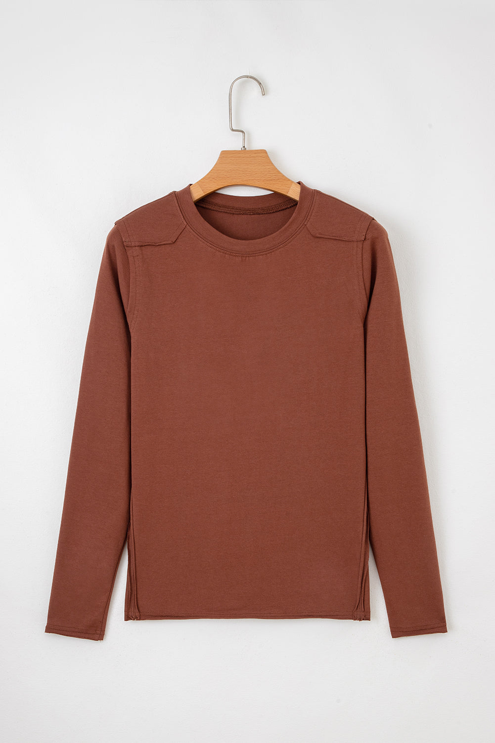 Chestnut Raw Seam Detail Solid Color Long Sleeve Top-Tops/Long Sleeve Tops-[Adult]-[Female]-2022 Online Blue Zone Planet