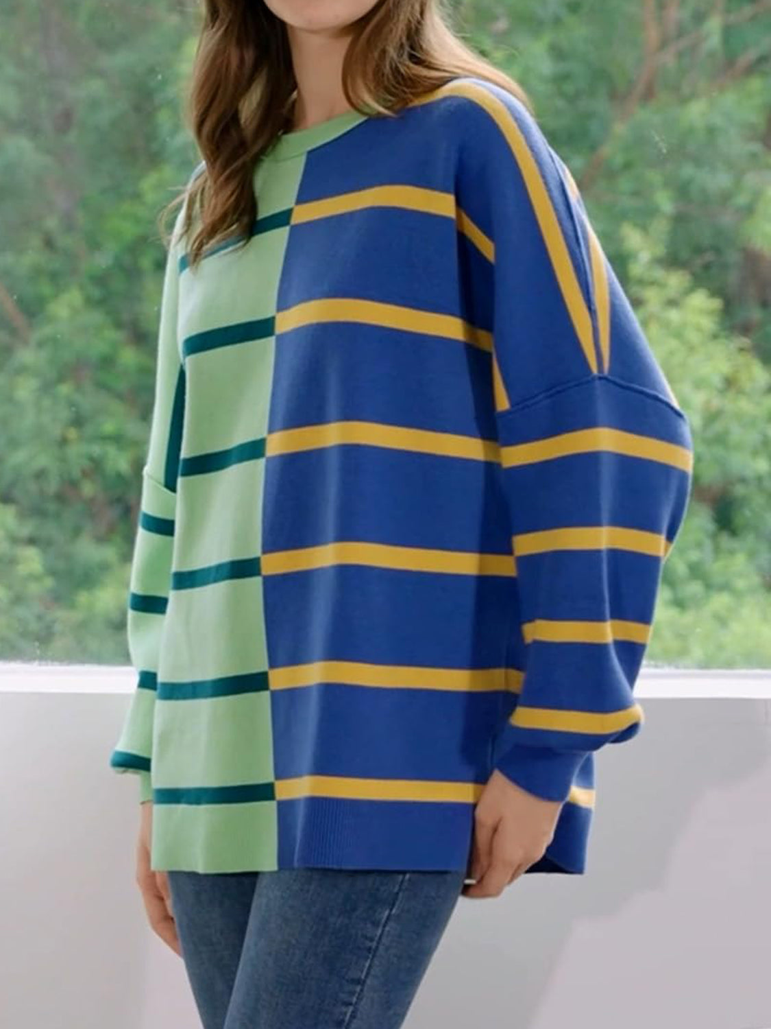 Striped Round Neck Long Sleeve Sweater-TOPS / DRESSES-[Adult]-[Female]-2022 Online Blue Zone Planet