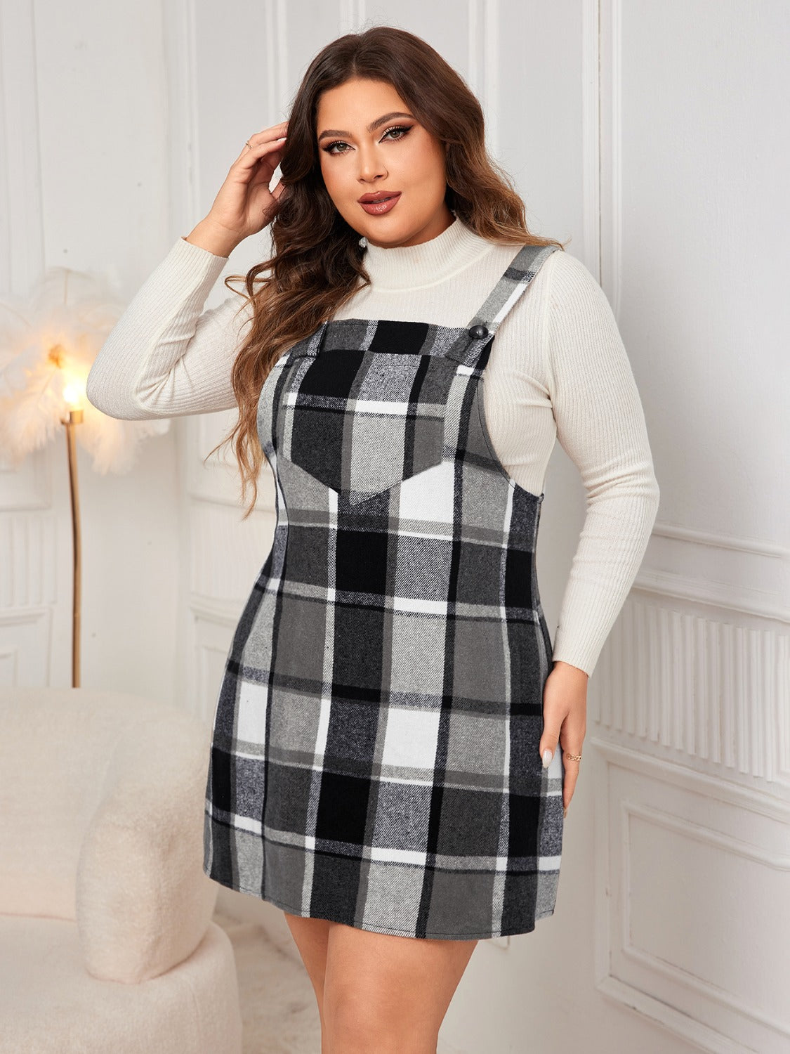 Blue Zone Planet | Plus Size Plaid Wide Strap Overall Dress-TOPS / DRESSES-[Adult]-[Female]-2022 Online Blue Zone Planet