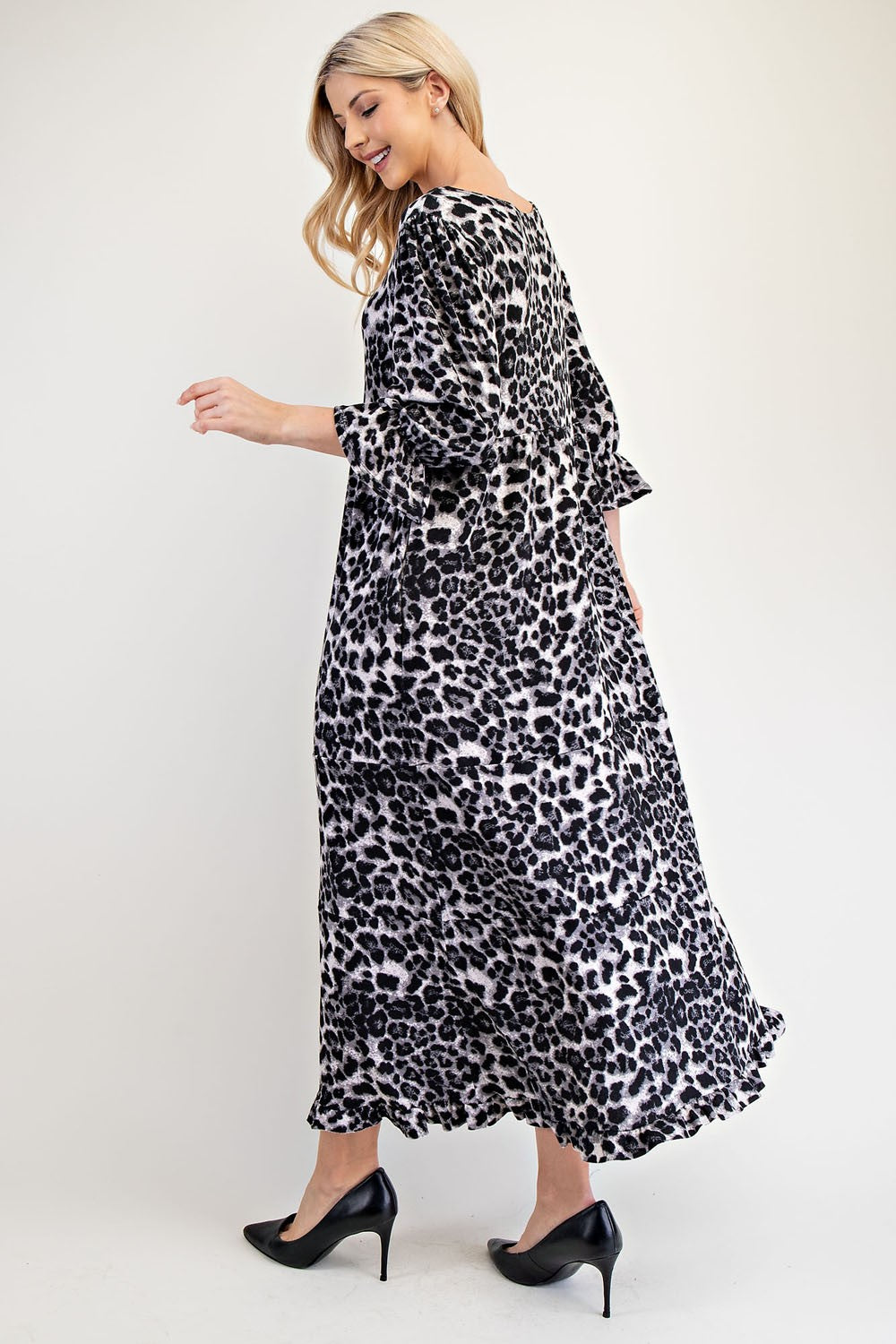 Blue Zone Planet | Celeste Full Size Leopard Round Neck Flounce Sleeve Dress-TOPS / DRESSES-[Adult]-[Female]-2022 Online Blue Zone Planet