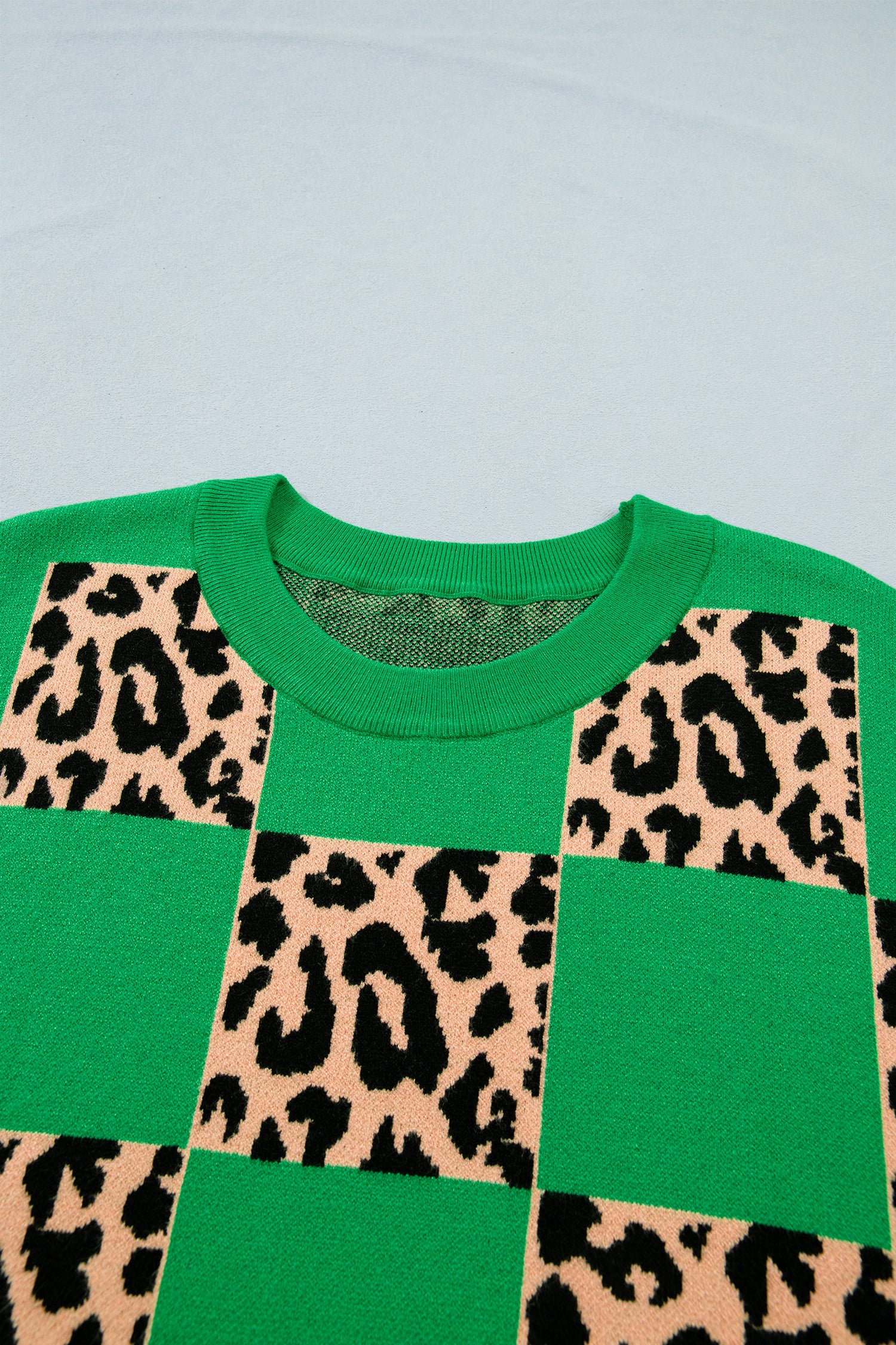 Green Plus Size Leopard Contrasted Checkered Short Sleeve Sweater-TOPS / DRESSES-[Adult]-[Female]-2022 Online Blue Zone Planet